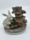 Vintage Woodland Creatures Figurine Owl On Tree Stump and Bunny W/ Carrots