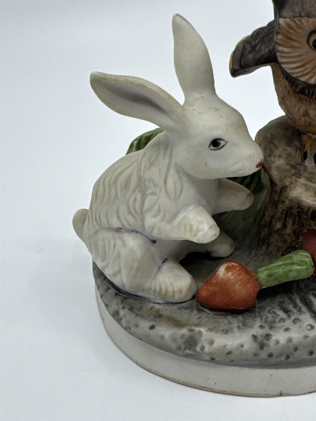 Vintage Woodland Creatures Figurine Owl On Tree Stump and Bunny W/ Carrots