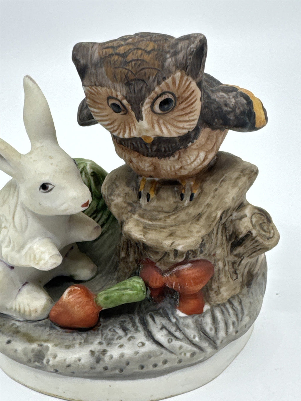 Vintage Woodland Creatures Figurine Owl On Tree Stump and Bunny W/ Carrots