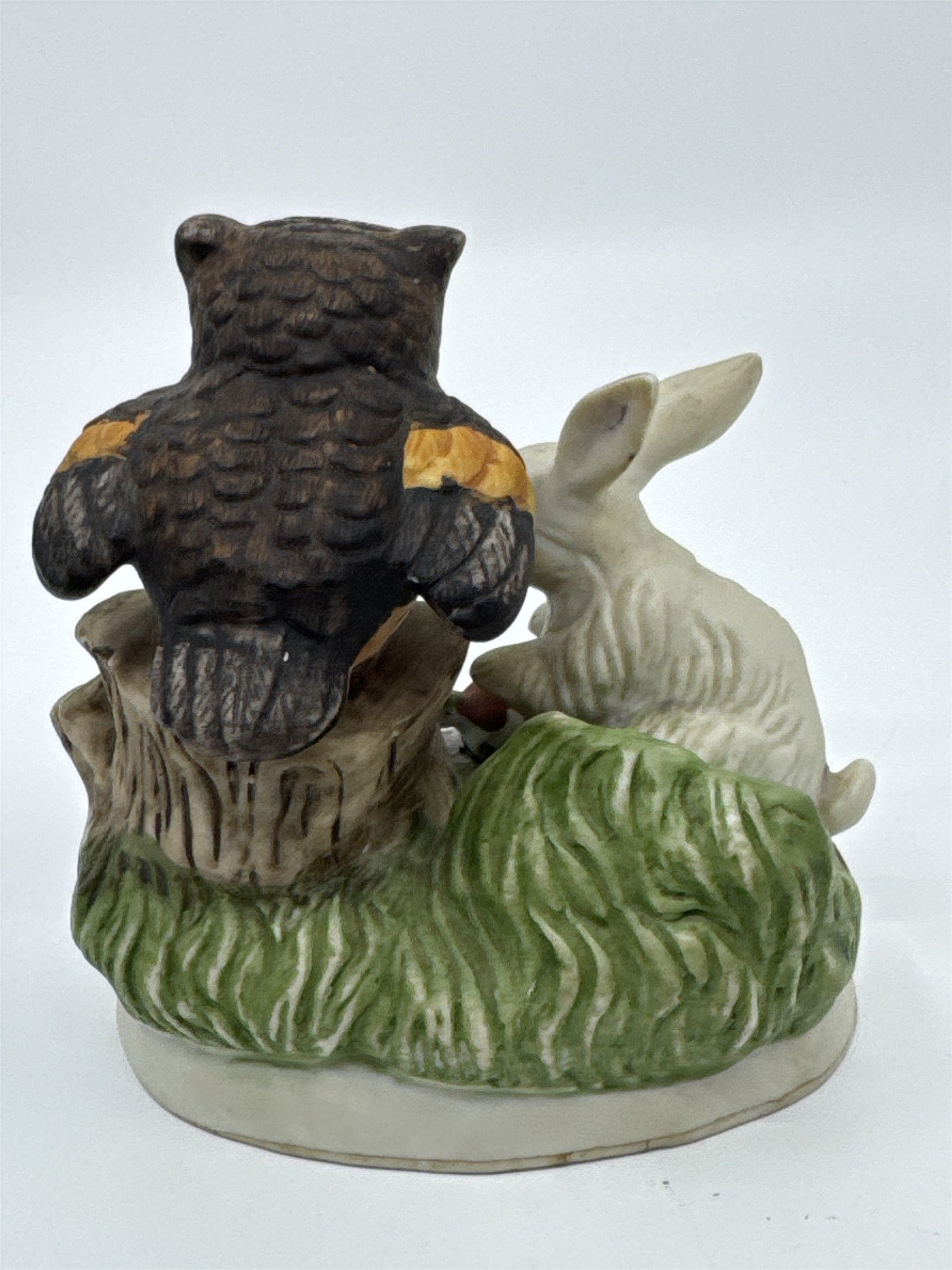 Vintage Woodland Creatures Figurine Owl On Tree Stump and Bunny W/ Carrots