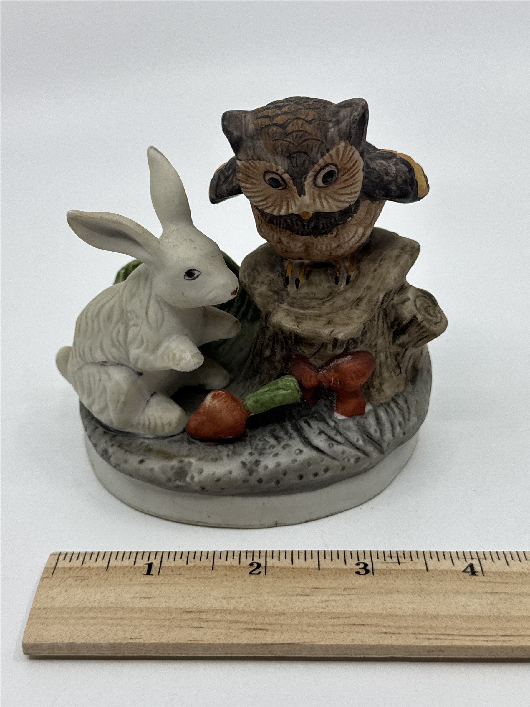 Vintage Woodland Creatures Figurine Owl On Tree Stump and Bunny W/ Carrots