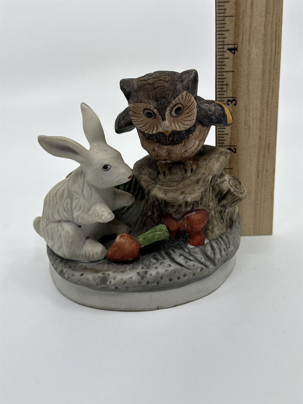 Vintage Woodland Creatures Figurine Owl On Tree Stump and Bunny W/ Carrots