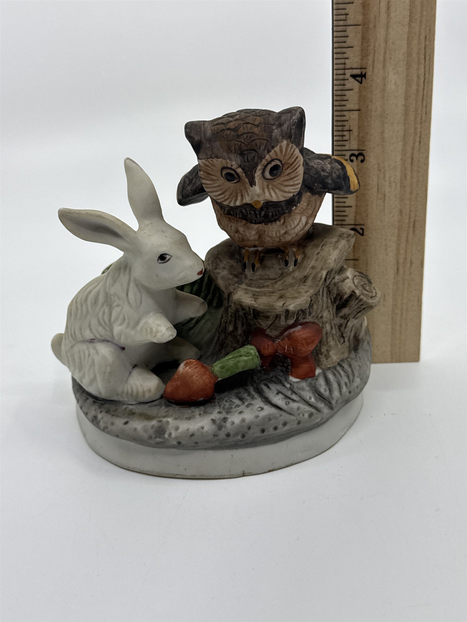 Vintage Woodland Creatures Figurine Owl On Tree Stump and Bunny W/ Carrots