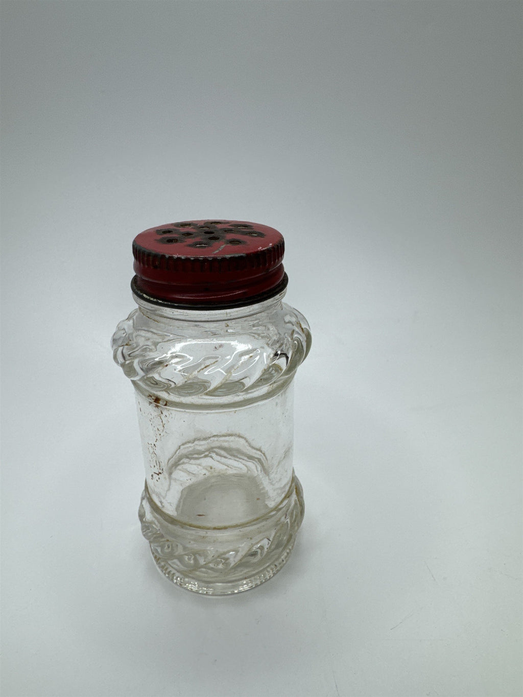 Vintage Glass Salt Shaker /w Red Metal Screw-On Cap Nostalgic Ornate Glass