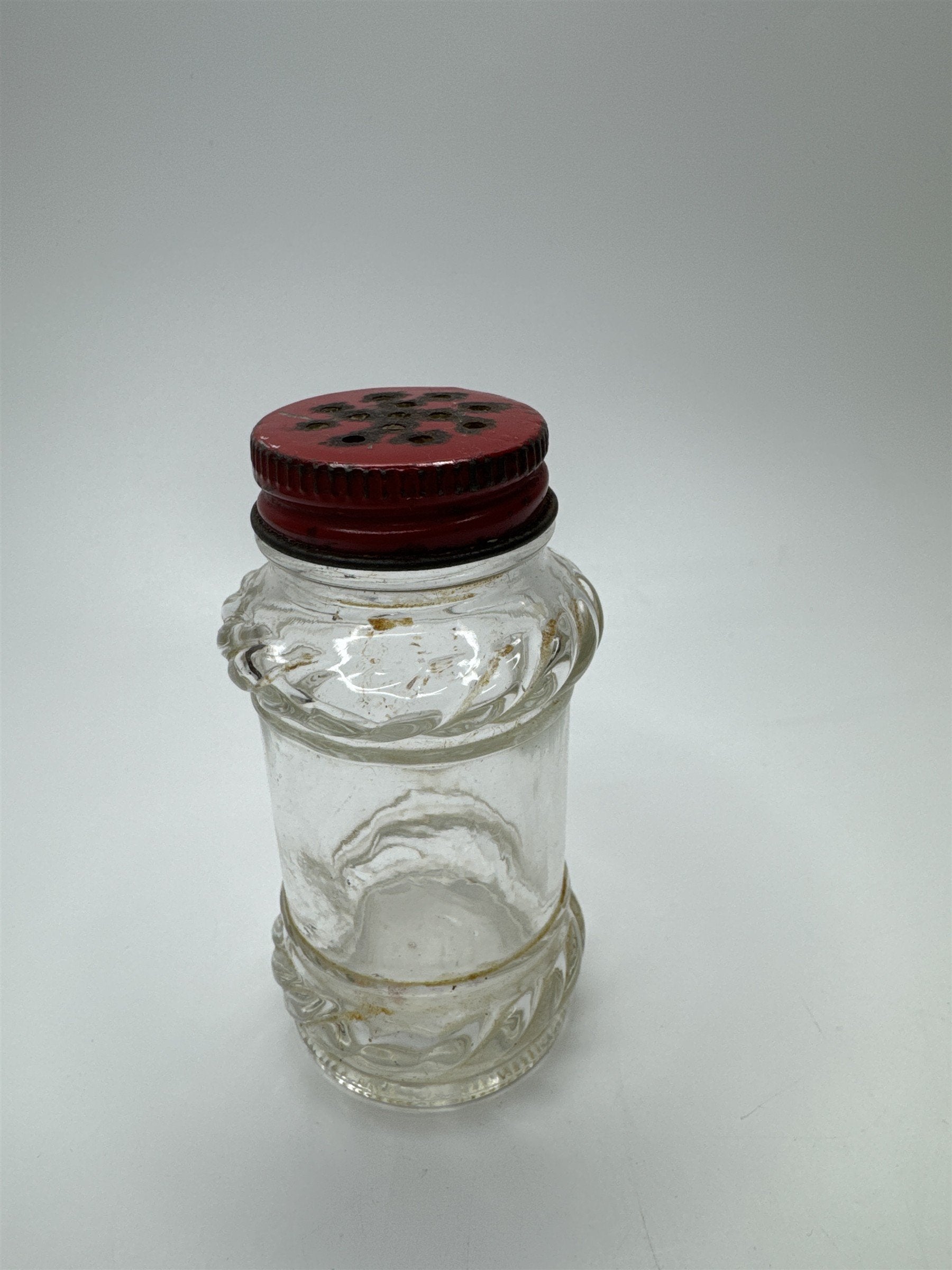 Vintage Glass Salt Shaker /w Red Metal Screw-On Cap Nostalgic Ornate Glass