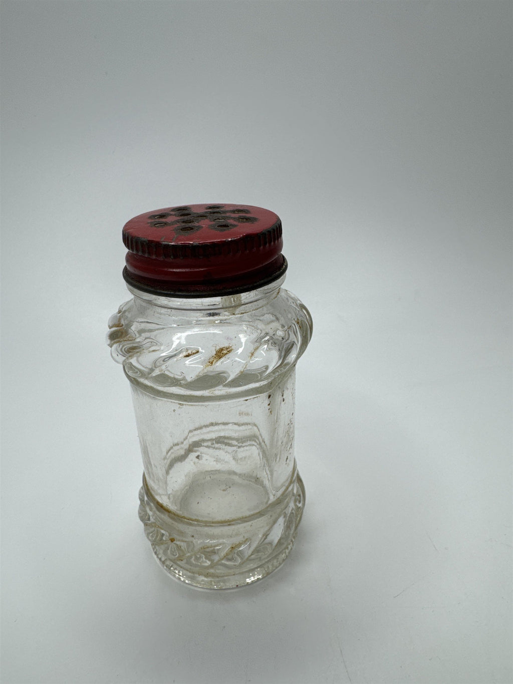 Vintage Glass Salt Shaker /w Red Metal Screw-On Cap Nostalgic Ornate Glass