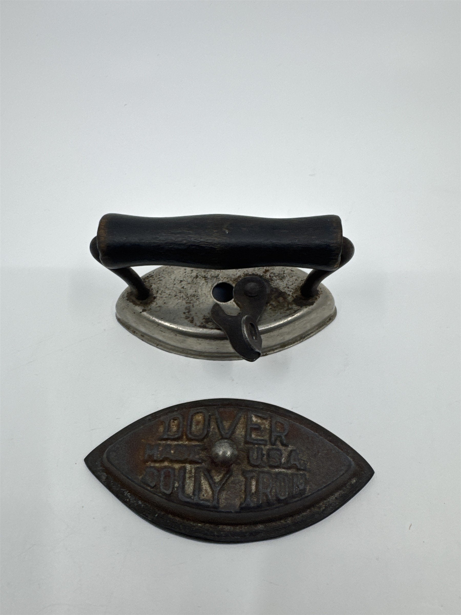 Vintage Miniature Dover Dolly Iron Made In the U.S.A Cast Iron W/ Wooden Handle
