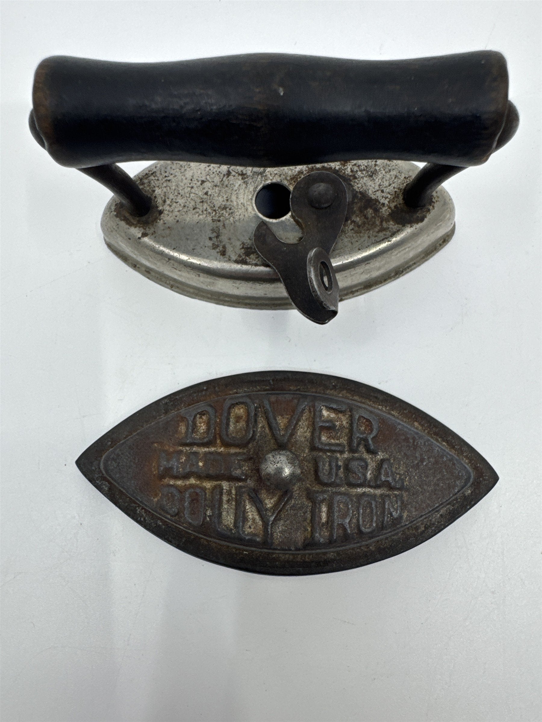 Vintage Miniature Dover Dolly Iron Made In the U.S.A Cast Iron W/ Wooden Handle