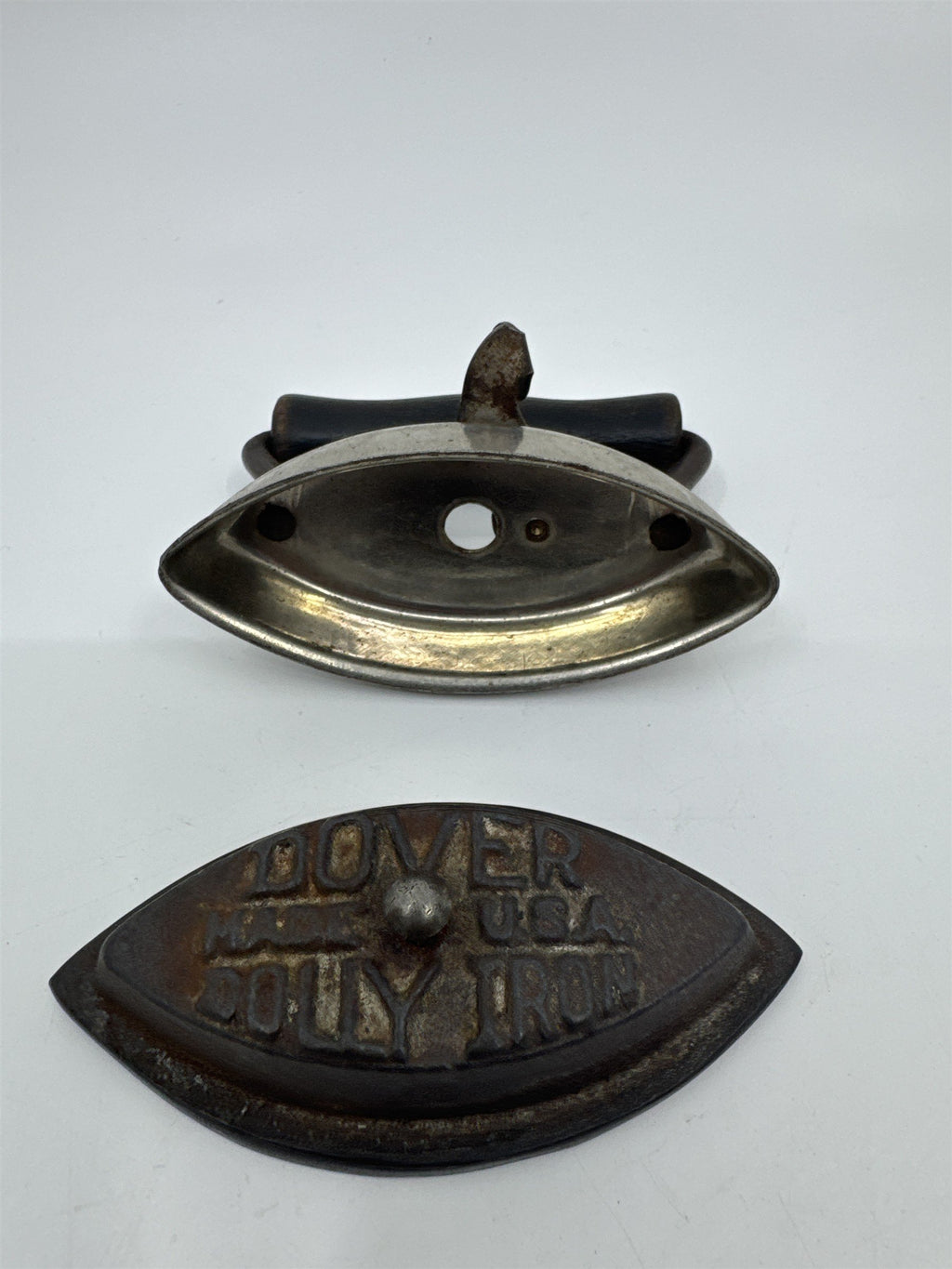 Vintage Miniature Dover Dolly Iron Made In the U.S.A Cast Iron W/ Wooden Handle