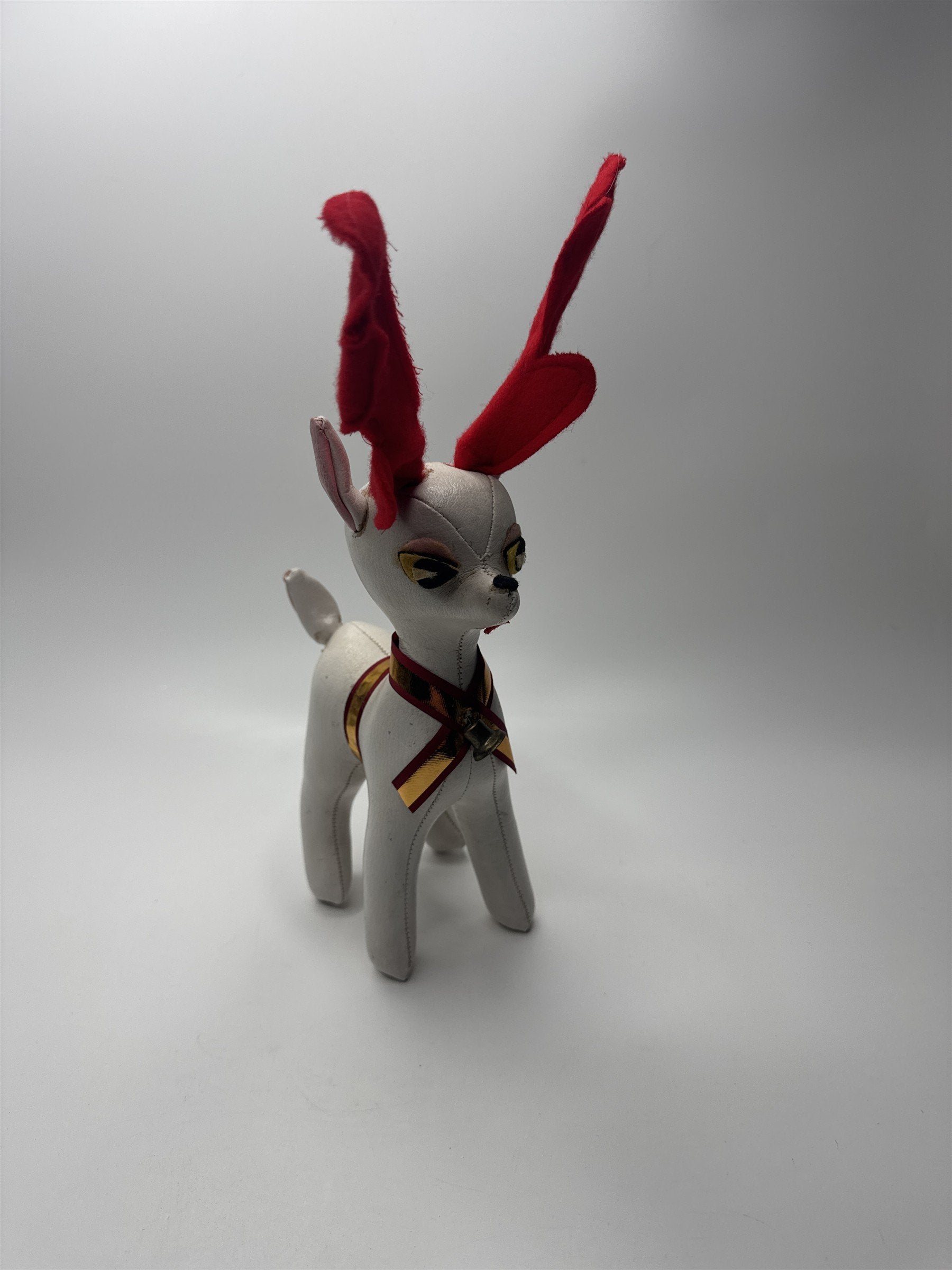 VINTAGE Leatherette Reindeer Toy w/ Ribbon & Bells Retro Christmas Decor