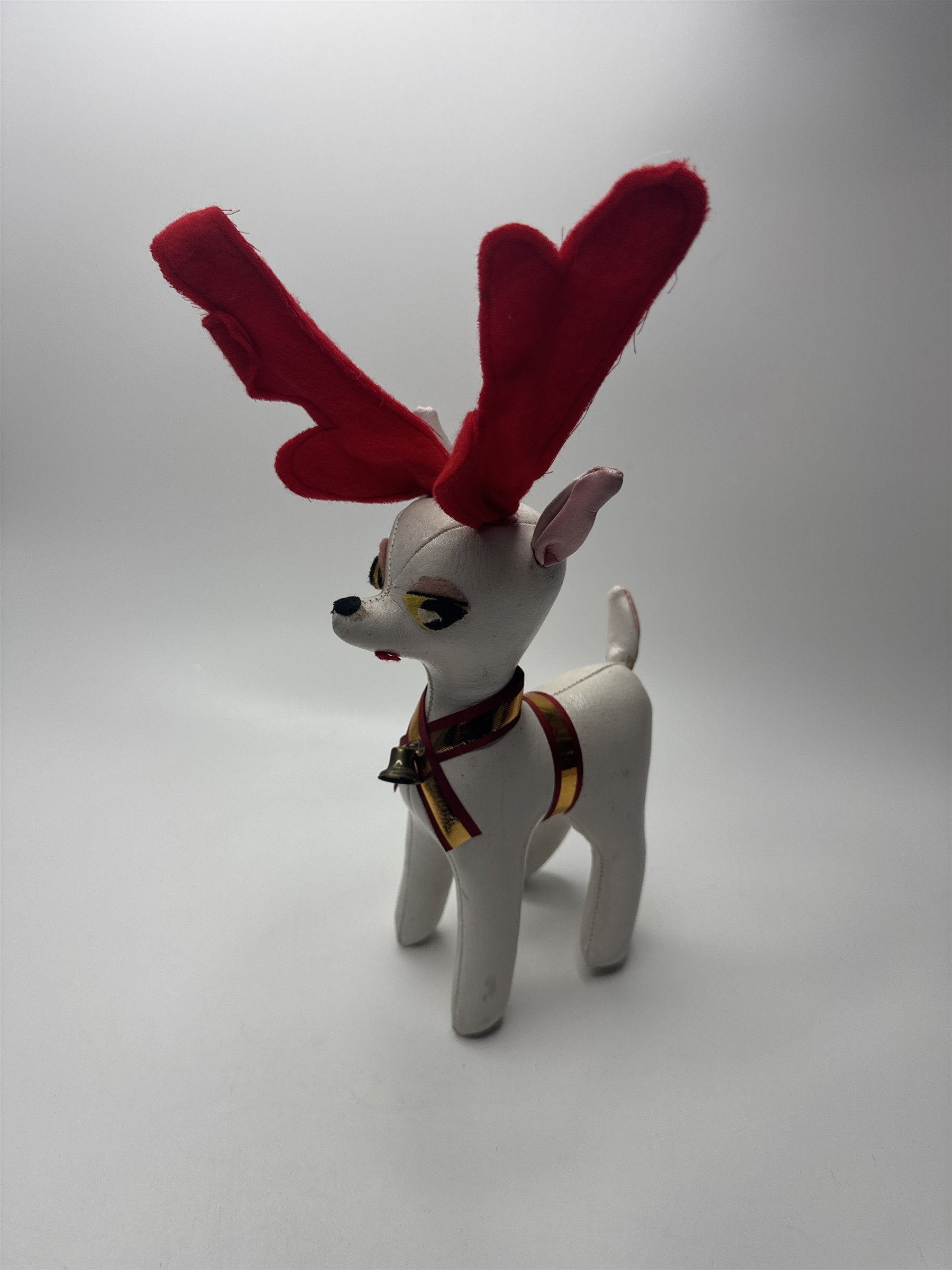 VINTAGE Leatherette Reindeer Toy w/ Ribbon & Bells Retro Christmas Decor