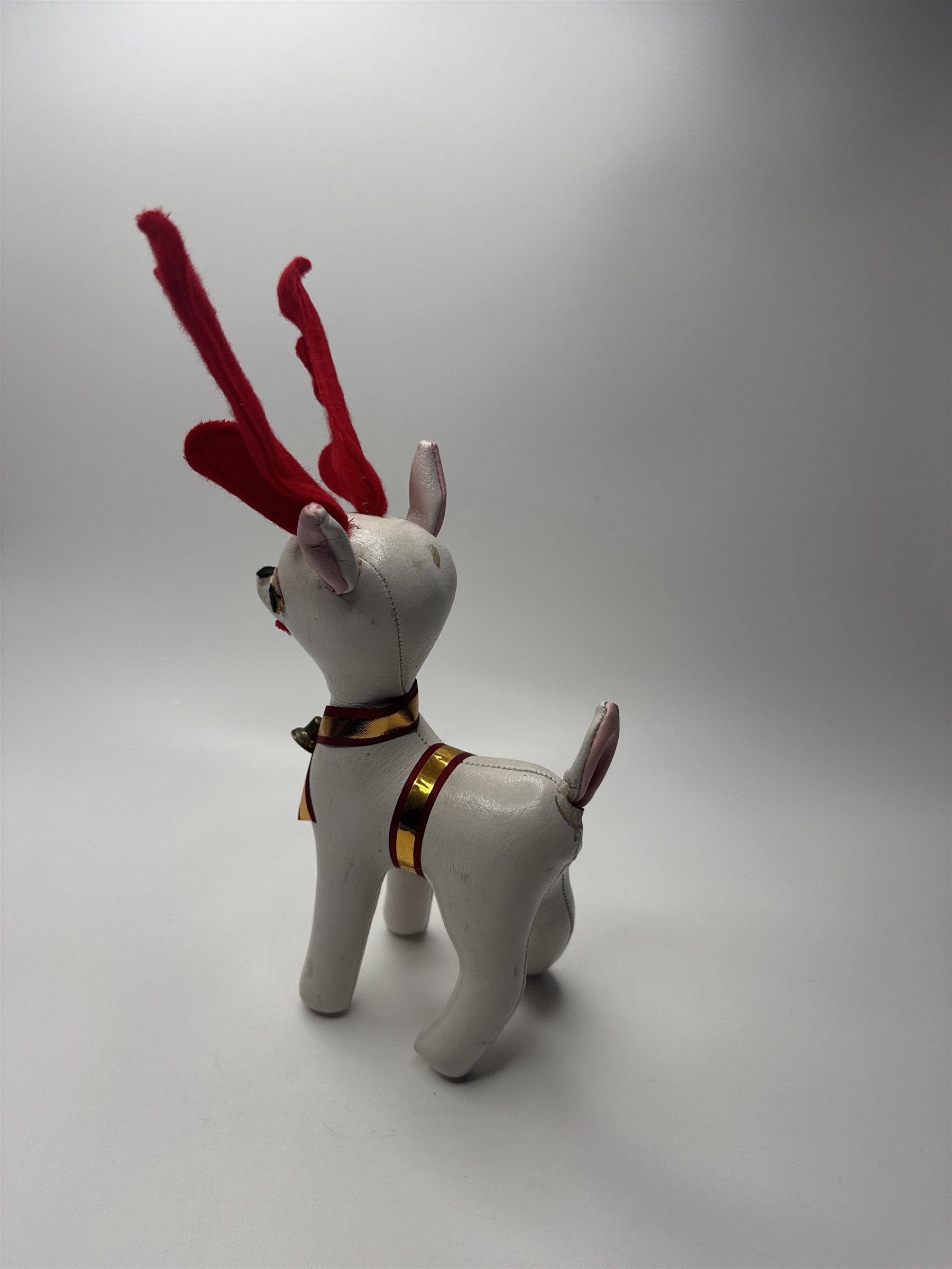VINTAGE Leatherette Reindeer Toy w/ Ribbon & Bells Retro Christmas Decor