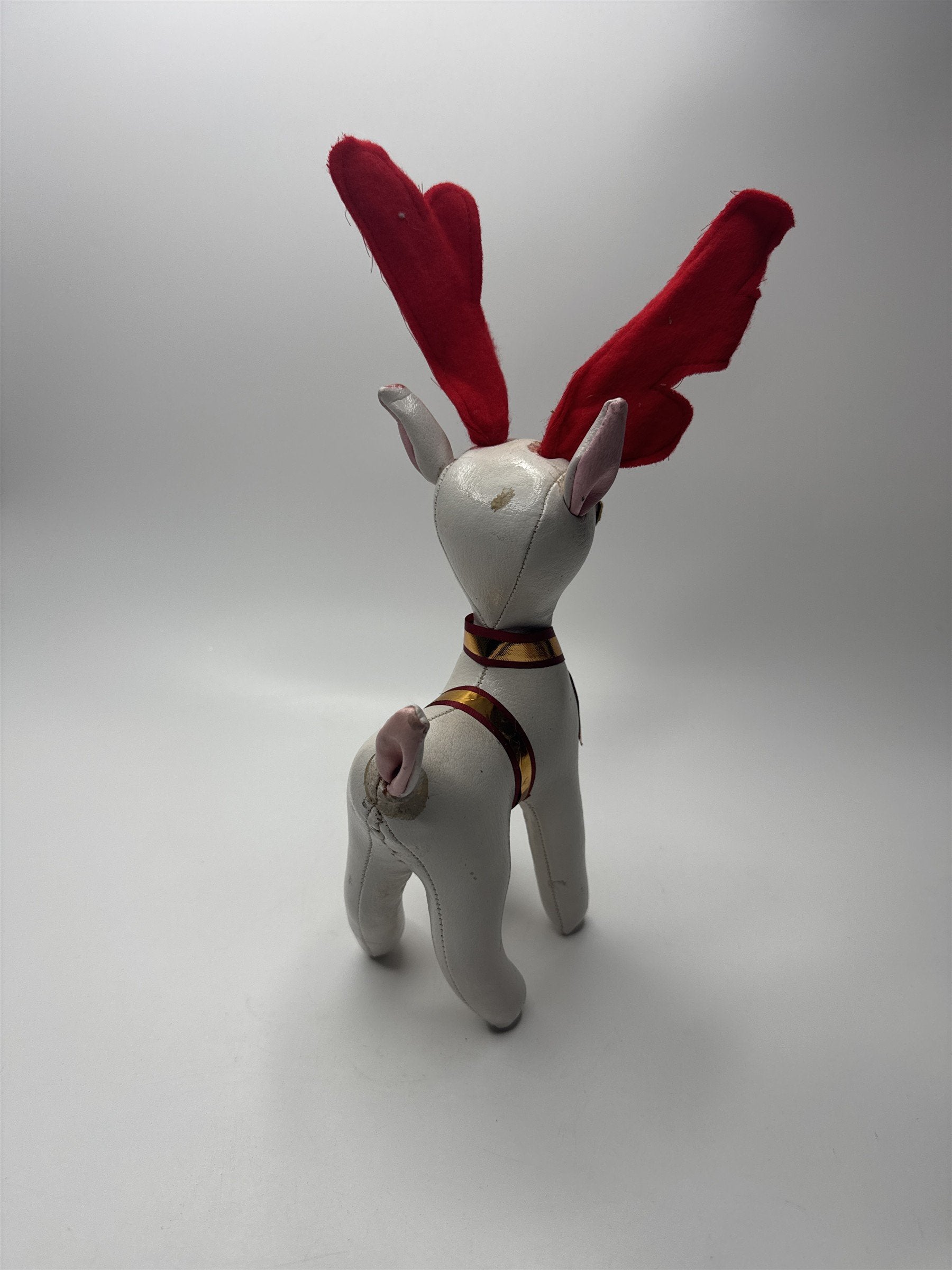 VINTAGE Leatherette Reindeer Toy w/ Ribbon & Bells Retro Christmas Decor