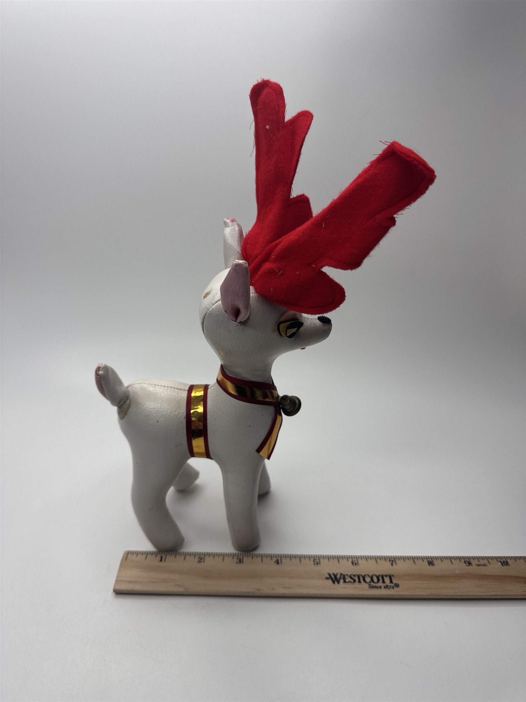VINTAGE Leatherette Reindeer Toy w/ Ribbon & Bells Retro Christmas Decor