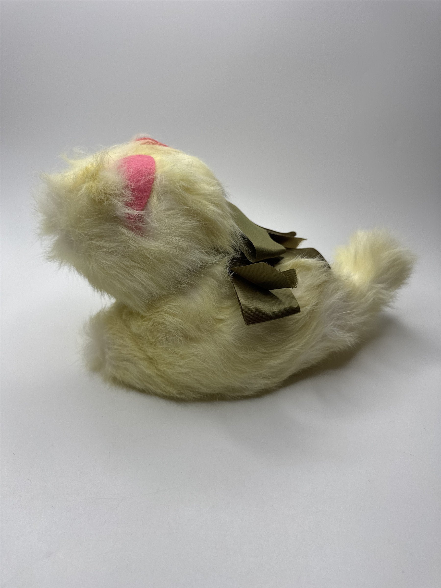 Vintage 1950s Jerry Elsner Cat Plush REAL RABBIT FUR Yellow Green Eyes Bow