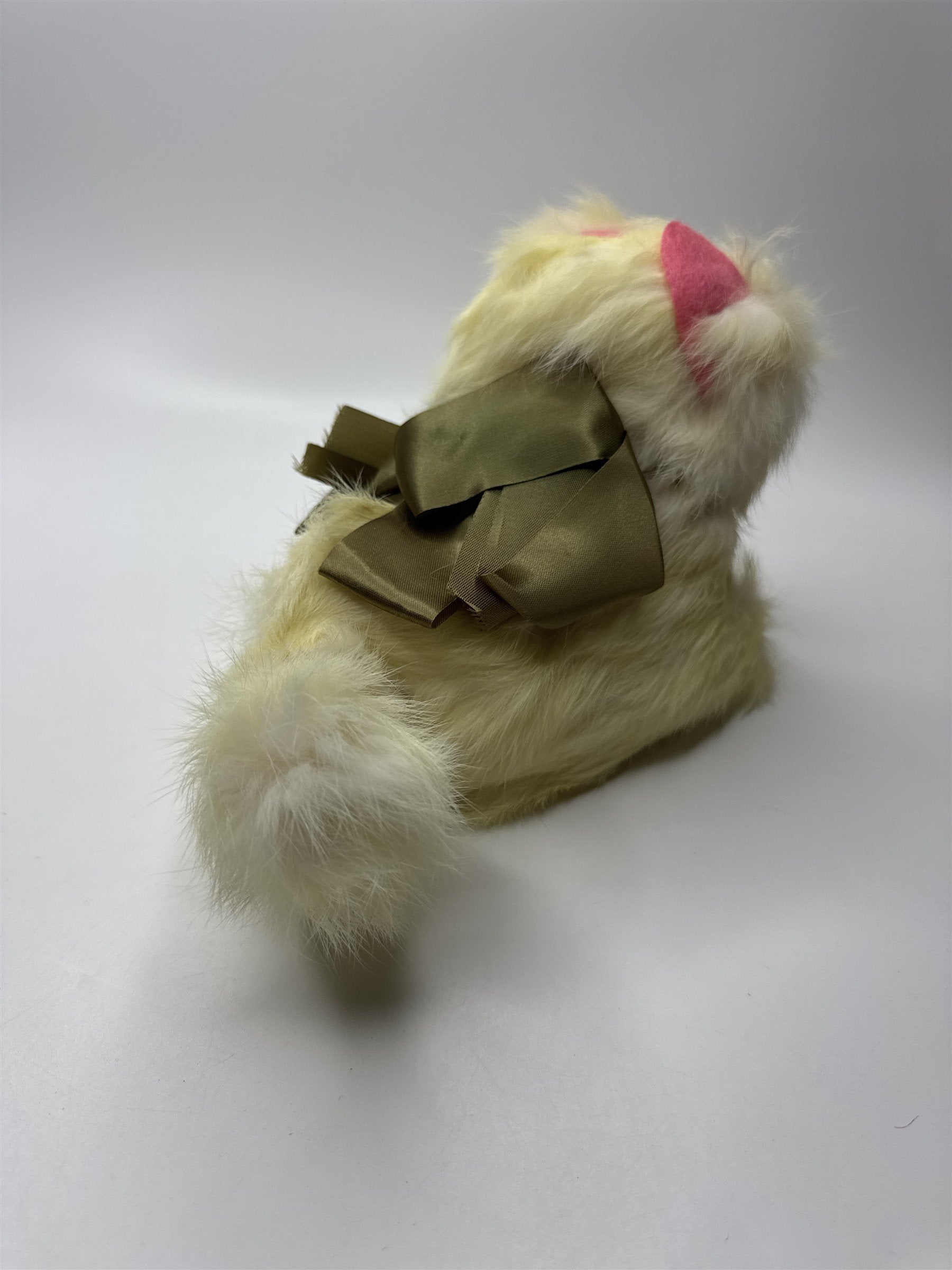 Vintage 1950s Jerry Elsner Cat Plush REAL RABBIT FUR Yellow Green Eyes Bow