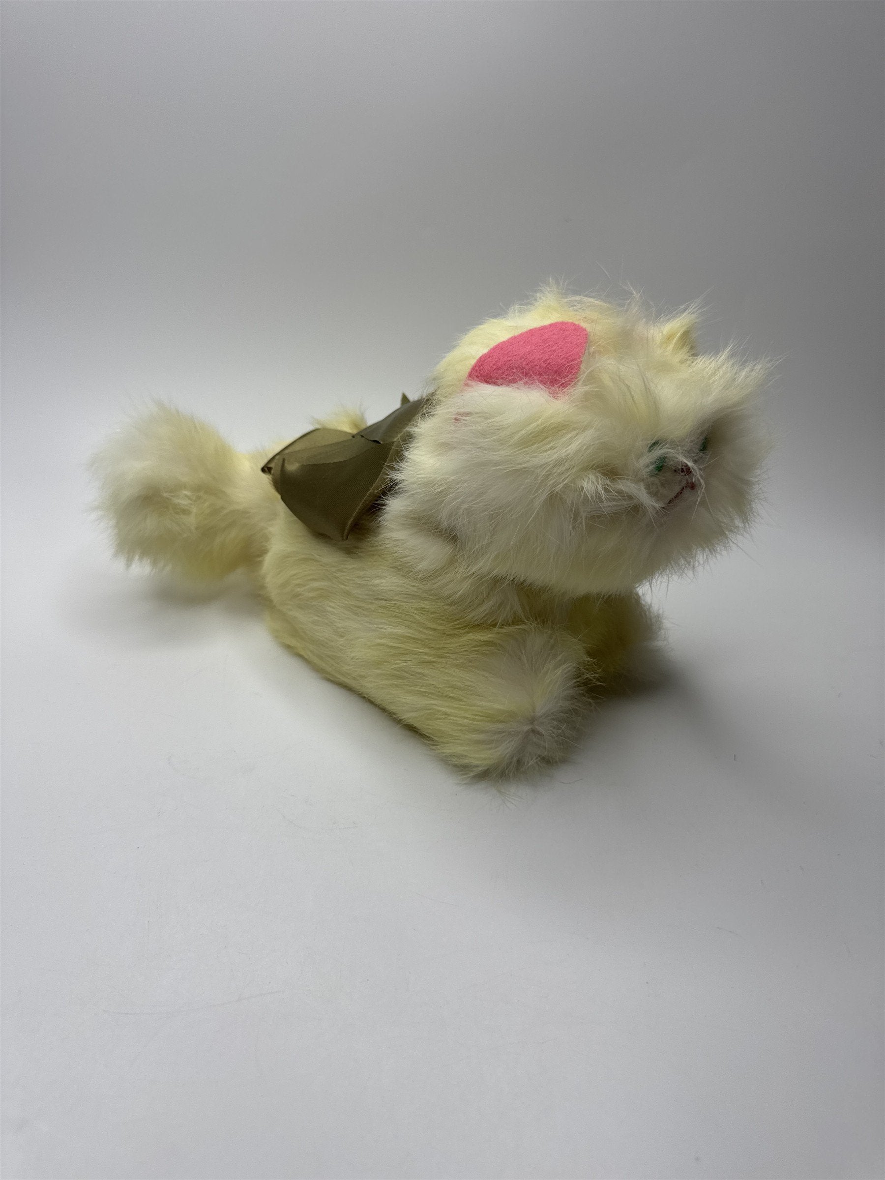 Vintage 1950s Jerry Elsner Cat Plush REAL RABBIT FUR Yellow Green Eyes Bow