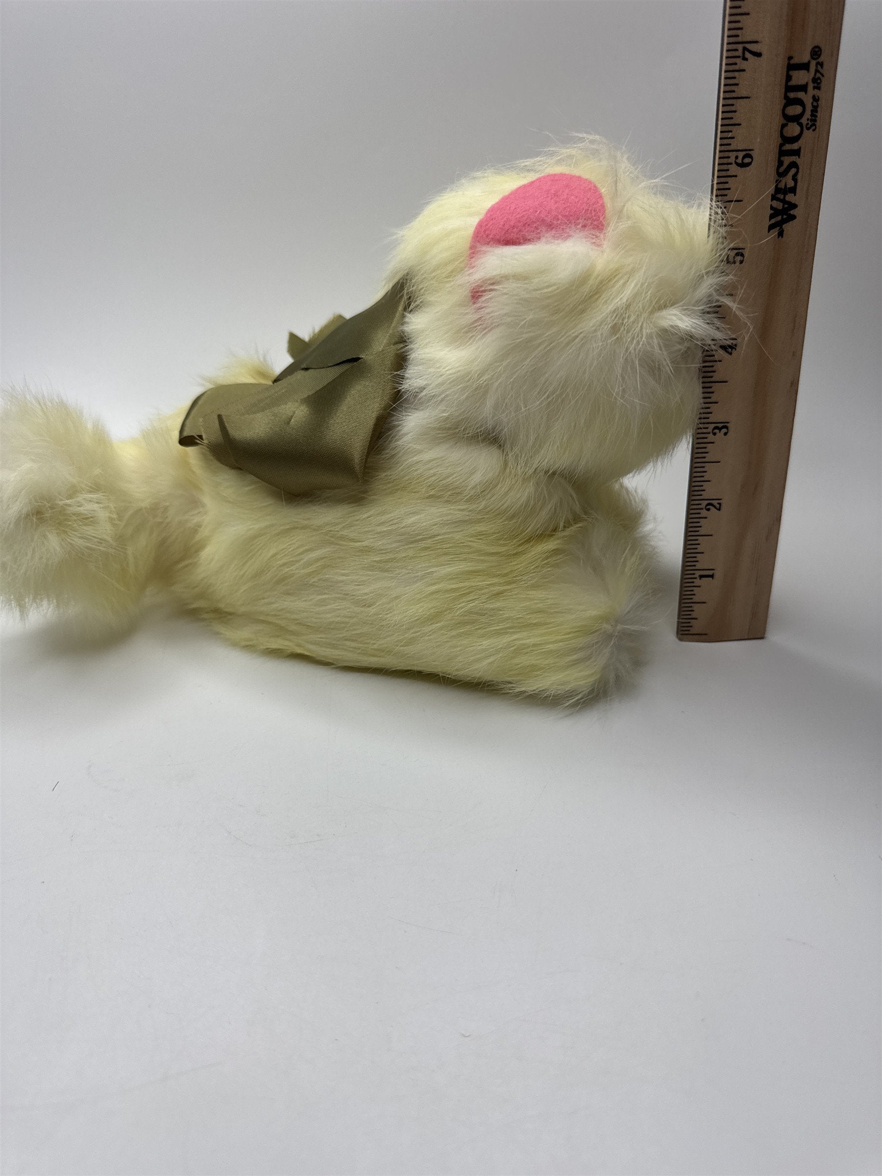 Vintage 1950s Jerry Elsner Cat Plush REAL RABBIT FUR Yellow Green Eyes Bow