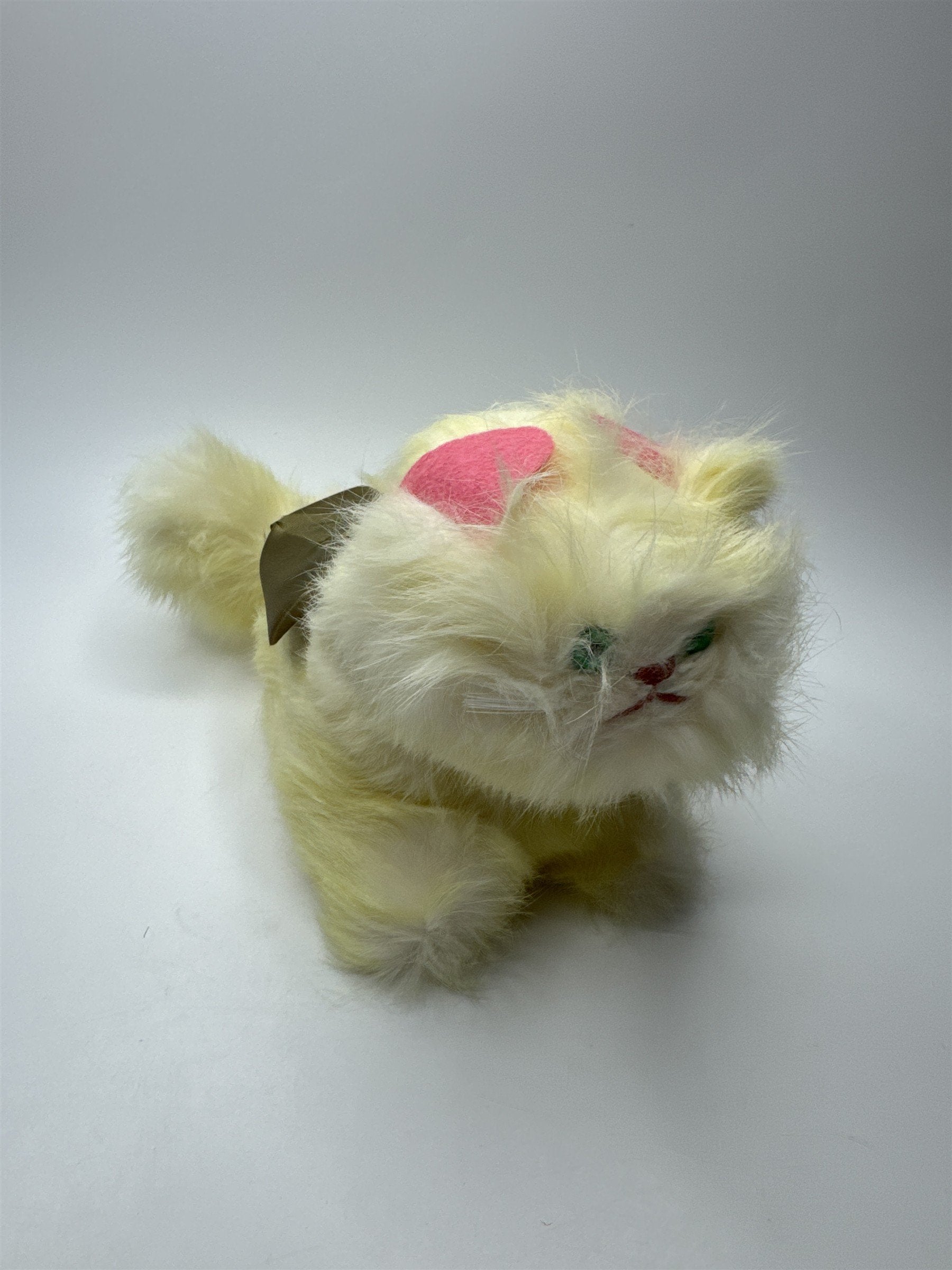 Vintage 1950s Jerry Elsner Cat Plush REAL RABBIT FUR Yellow Green Eyes Bow