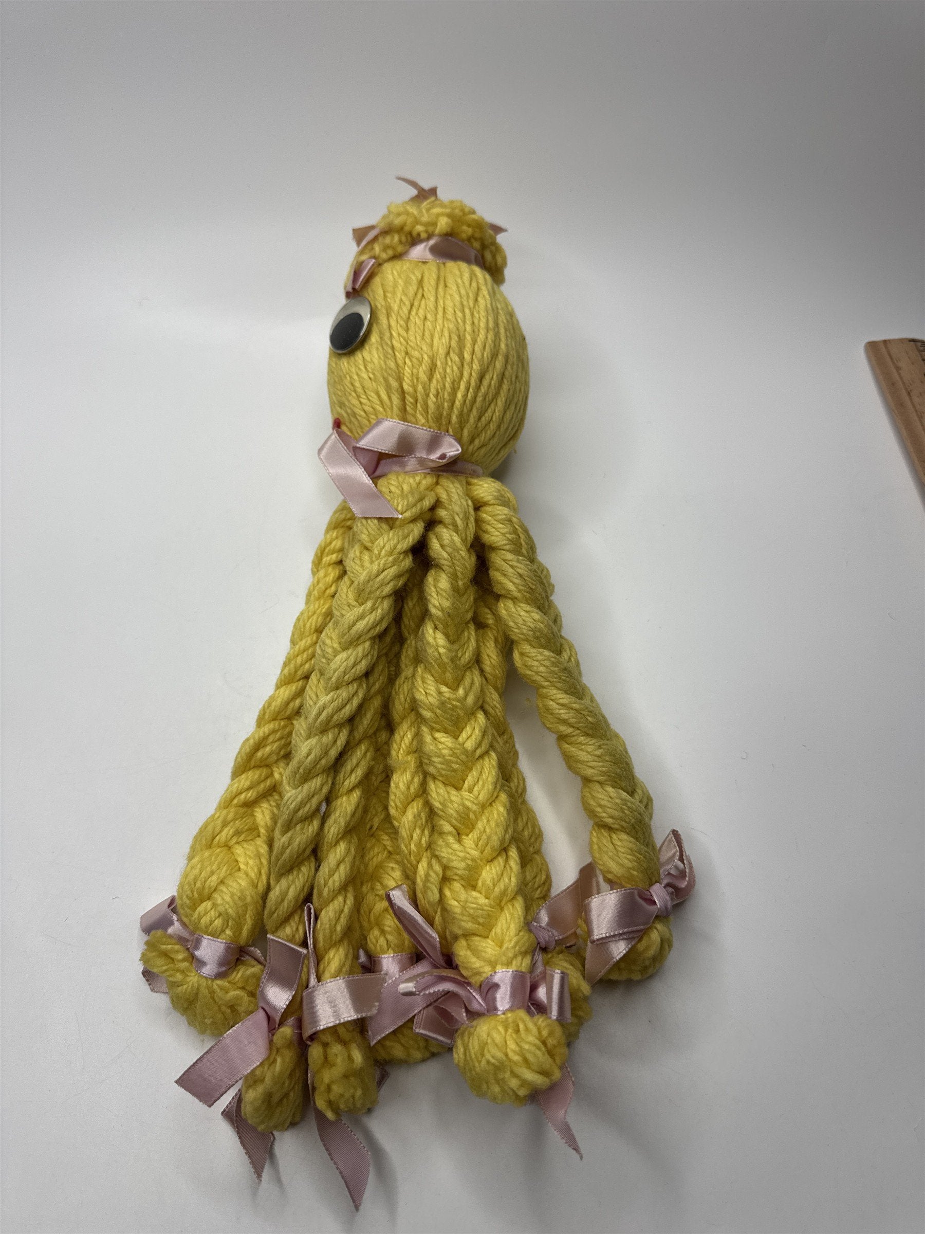 Vintage Handmade Pennsylvania Crochet Happy Yellow Octopus /w Crazy Eyes