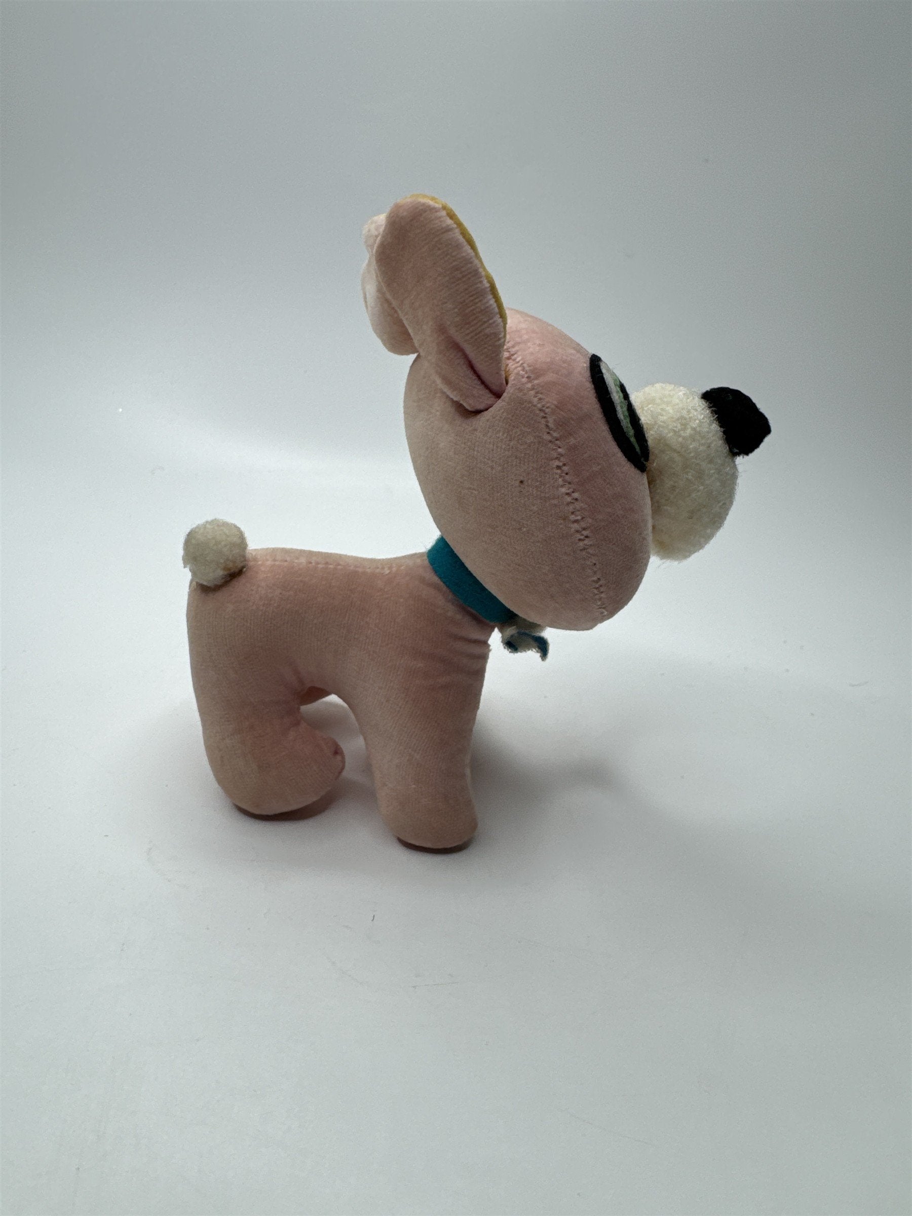 Vintage Japan Made Dog Stuffed Animal Plush Distressed Pink and Yellow Nostalgic