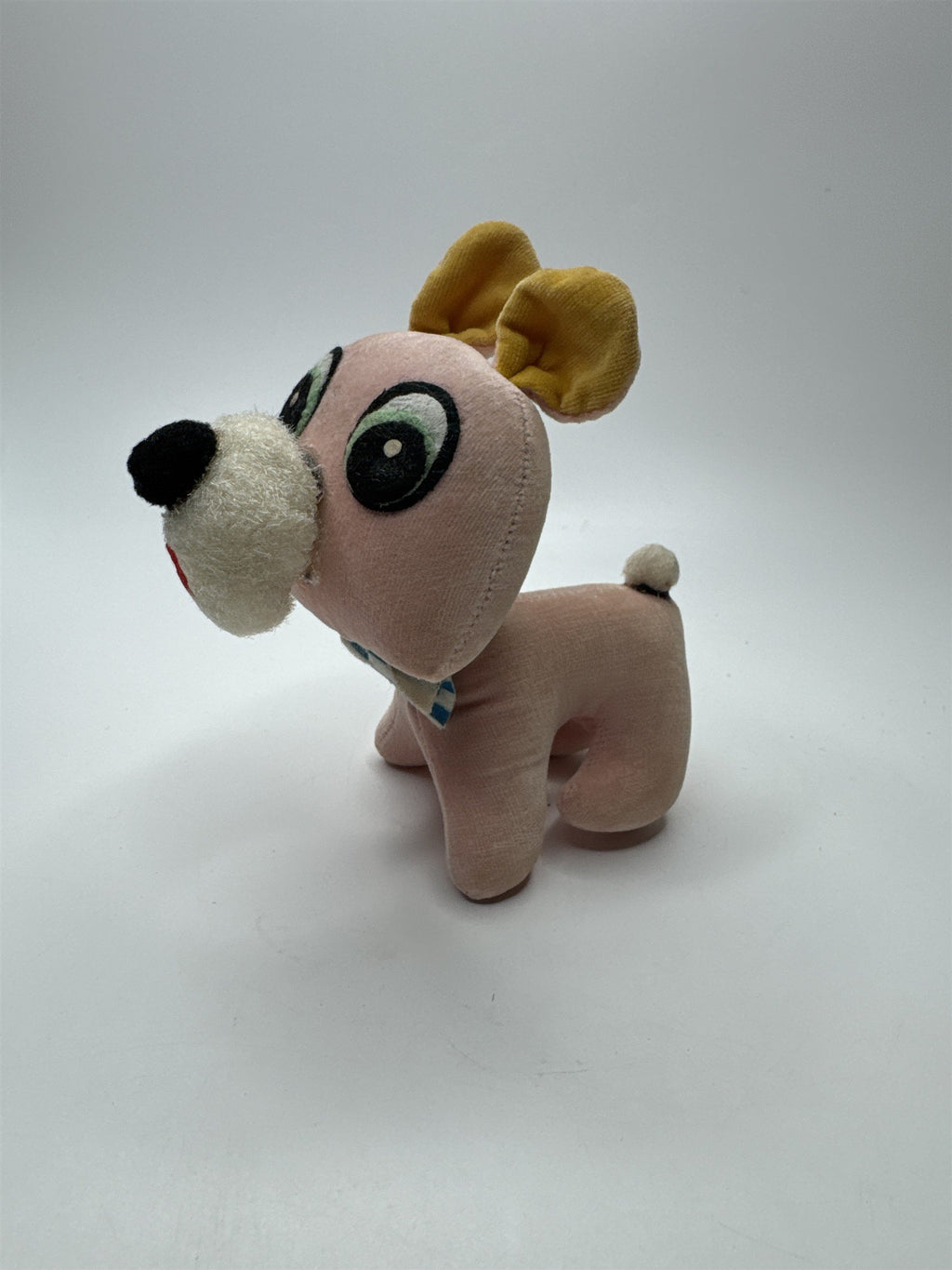 Vintage Japan Made Dog Stuffed Animal Plush Distressed Pink and Yellow Nostalgic
