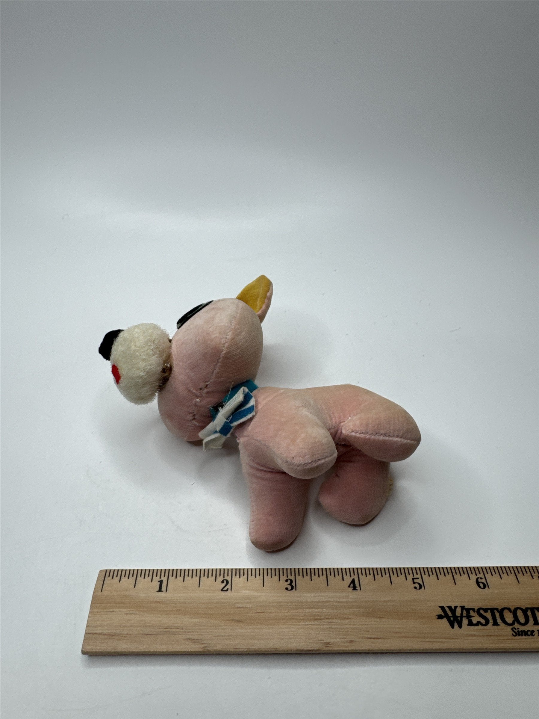 Vintage Japan Made Dog Stuffed Animal Plush Distressed Pink and Yellow Nostalgic