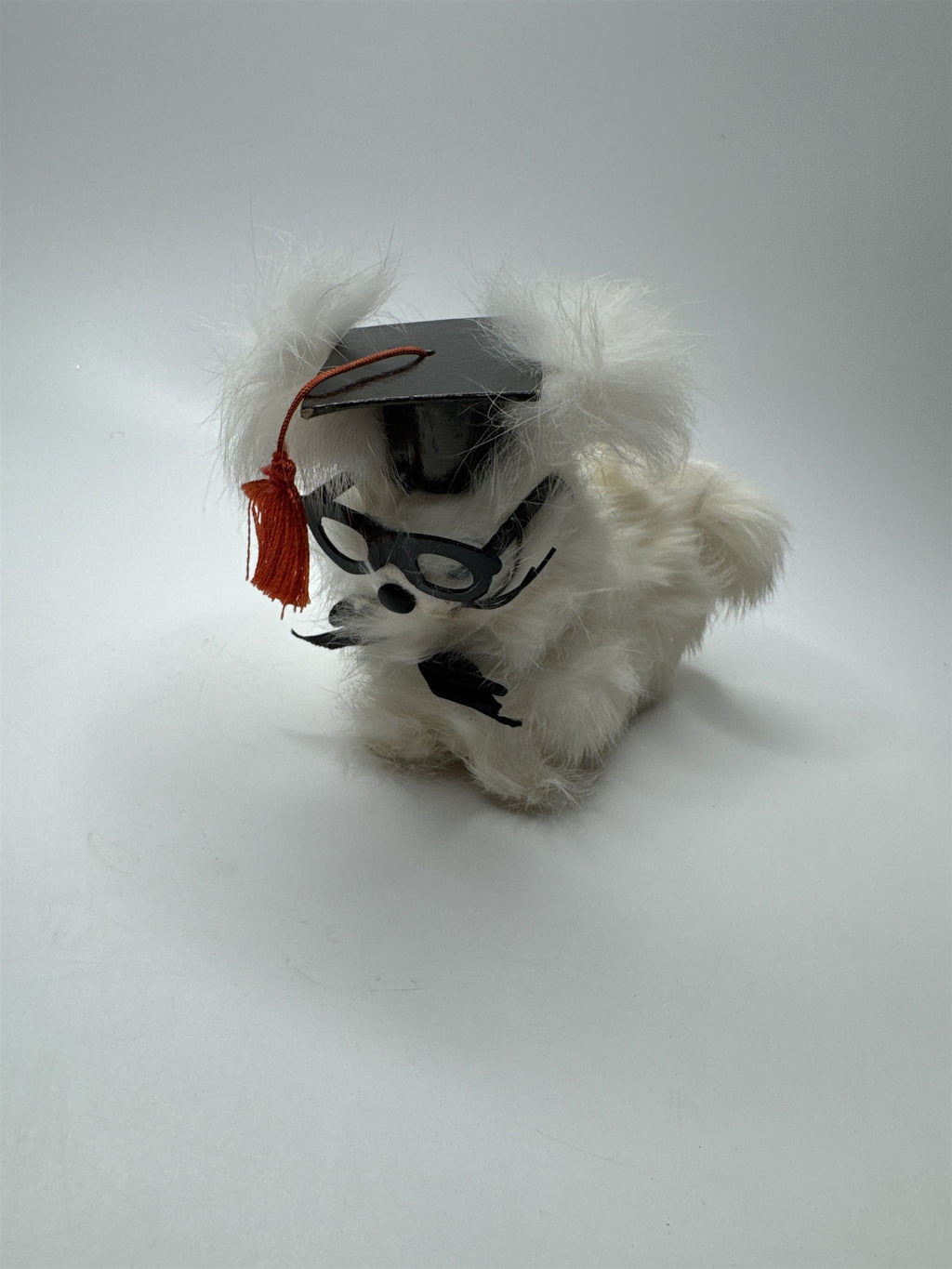 VINTAGE Graduation Dog Plush Toy Japan Rabbit Fur Stuffed Animal Cap Glasses