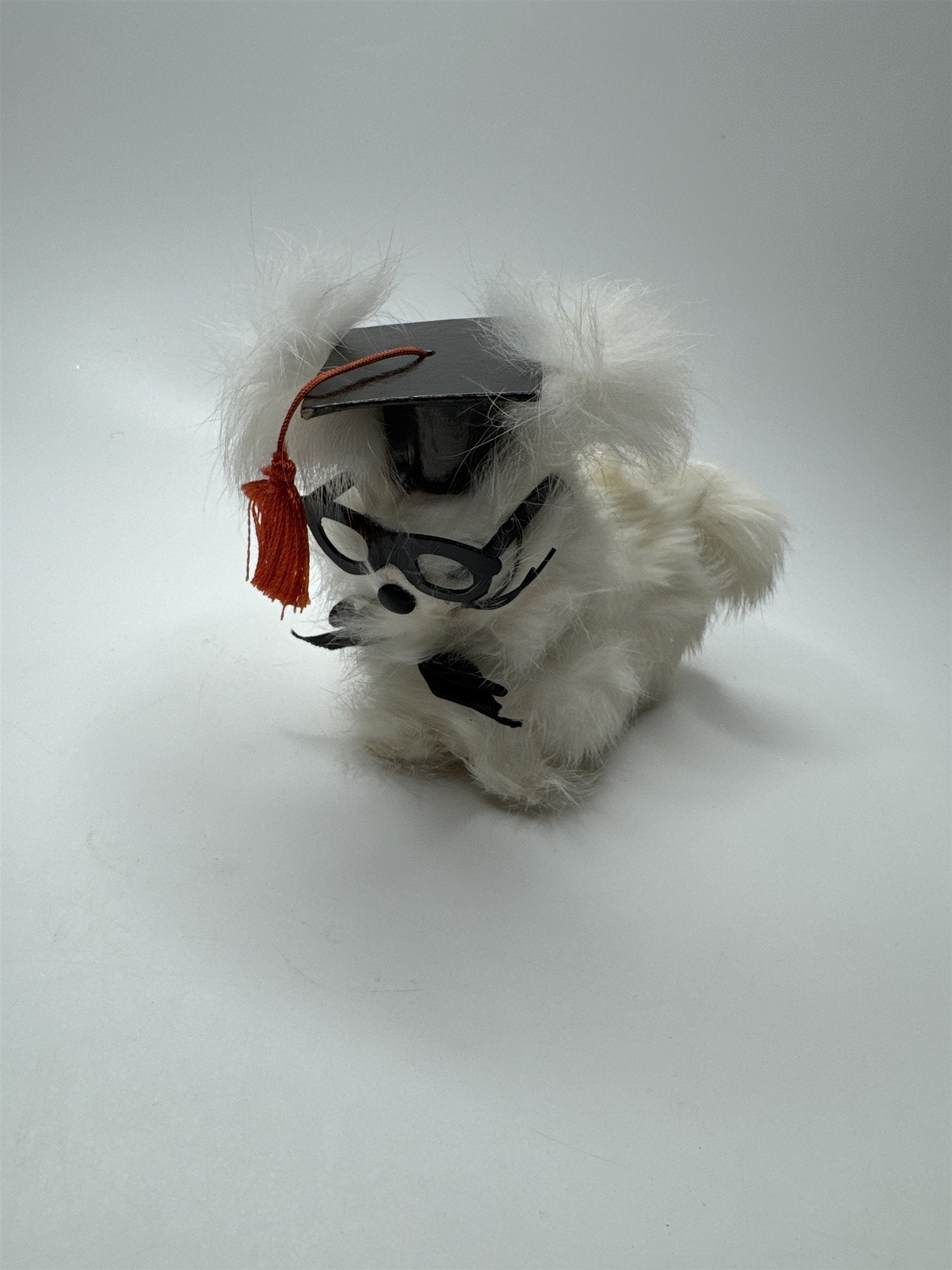 VINTAGE Graduation Dog Plush Toy Japan Rabbit Fur Stuffed Animal Cap Glasses