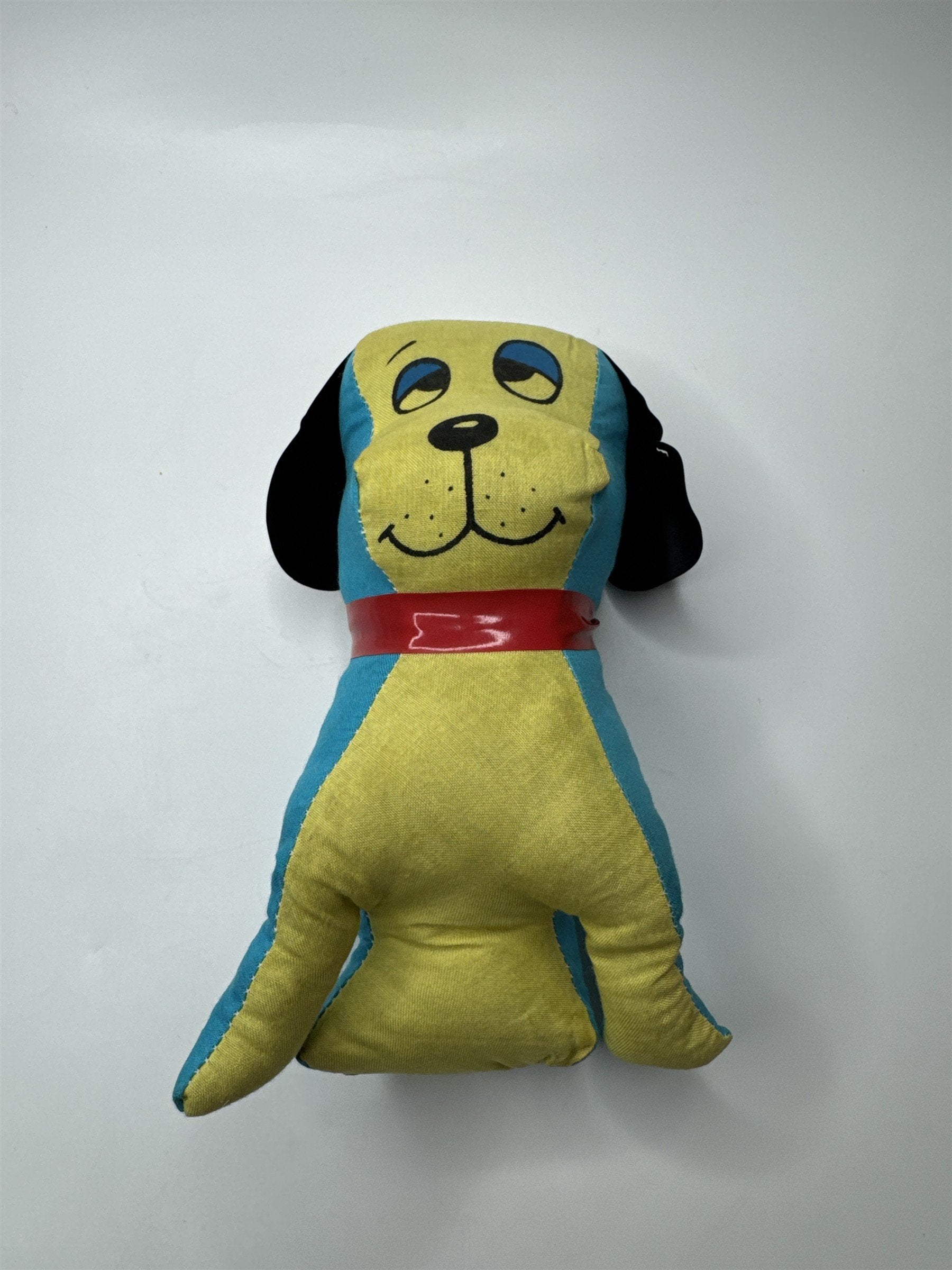 Vintage Japan Made Dog Stuffed Animal Plush Distressed Blue and Yellow Nostalgic
