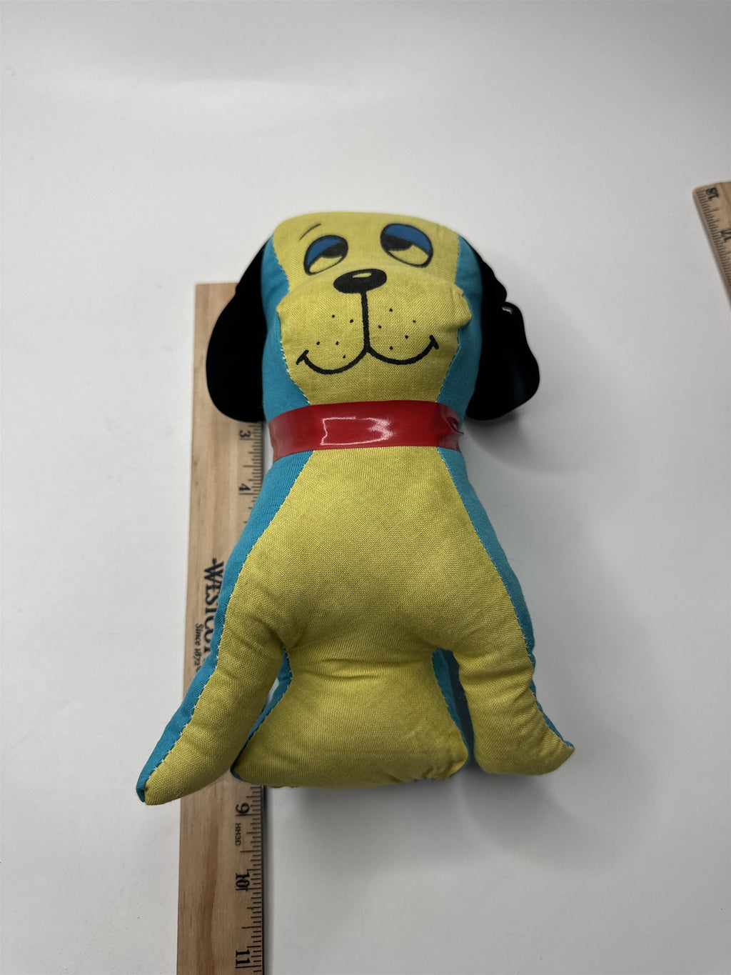 Vintage Japan Made Dog Stuffed Animal Plush Distressed Blue and Yellow Nostalgic