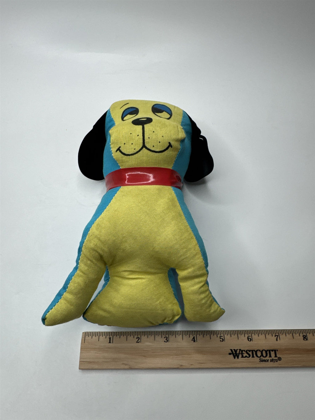 Vintage Japan Made Dog Stuffed Animal Plush Distressed Blue and Yellow Nostalgic