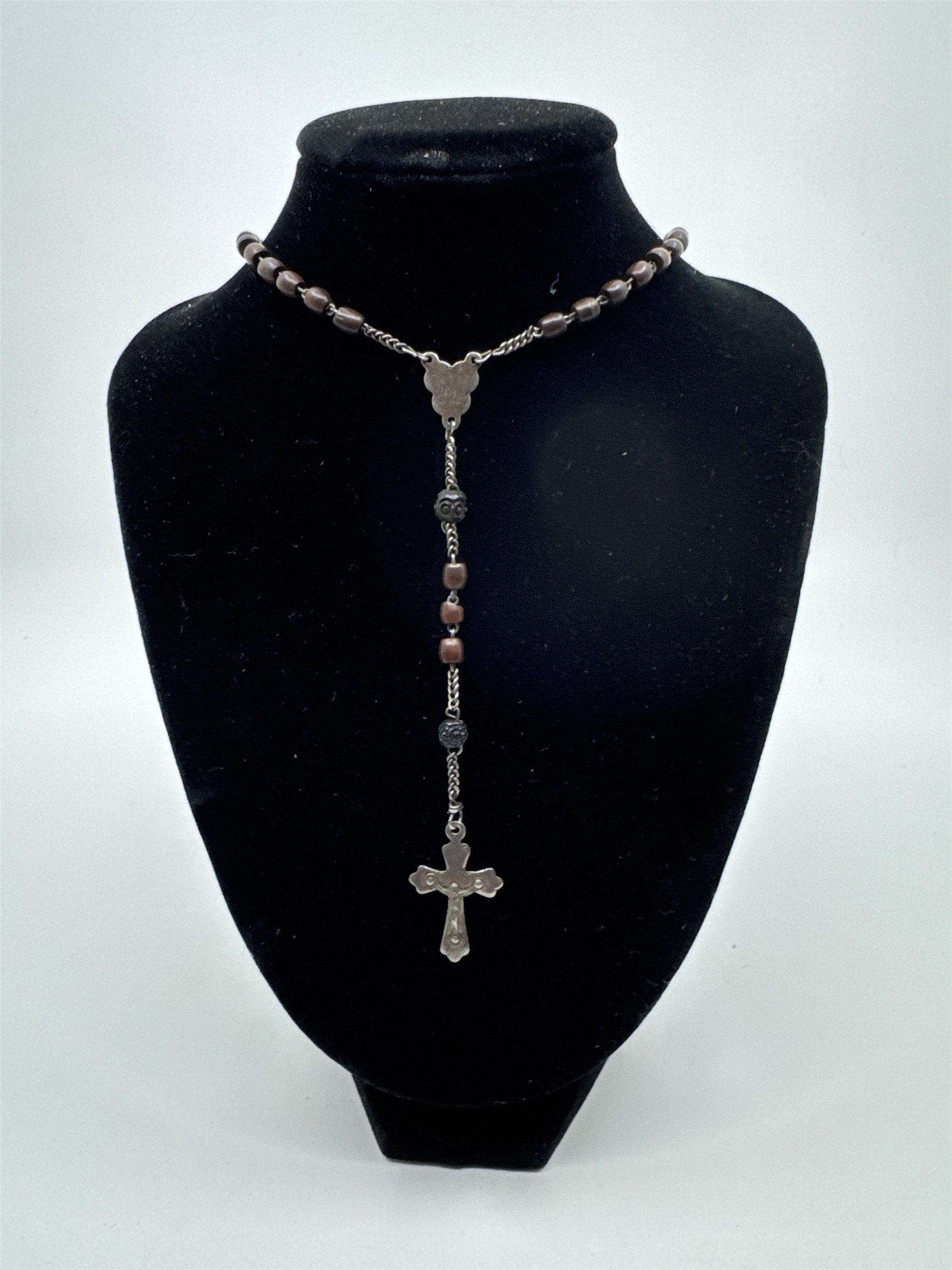 Vintage Brown Beaded Rosary and Cross Catholic Rosary Religious Cross Necklace