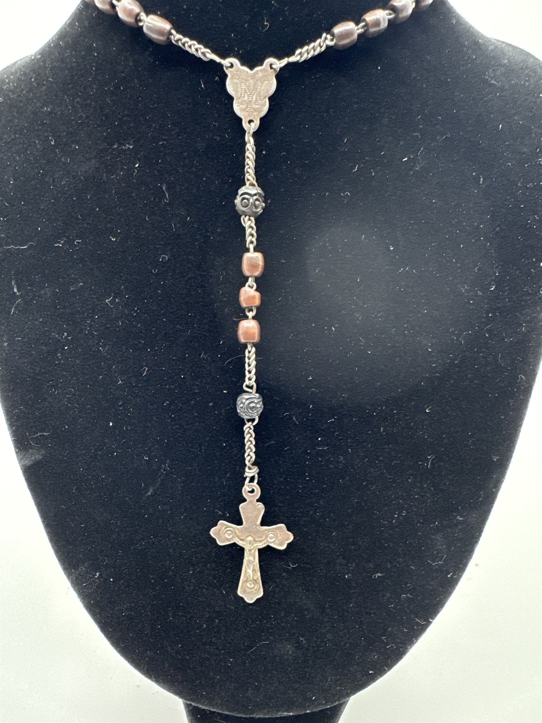 Vintage Brown Beaded Rosary and Cross Catholic Rosary Religious Cross Necklace
