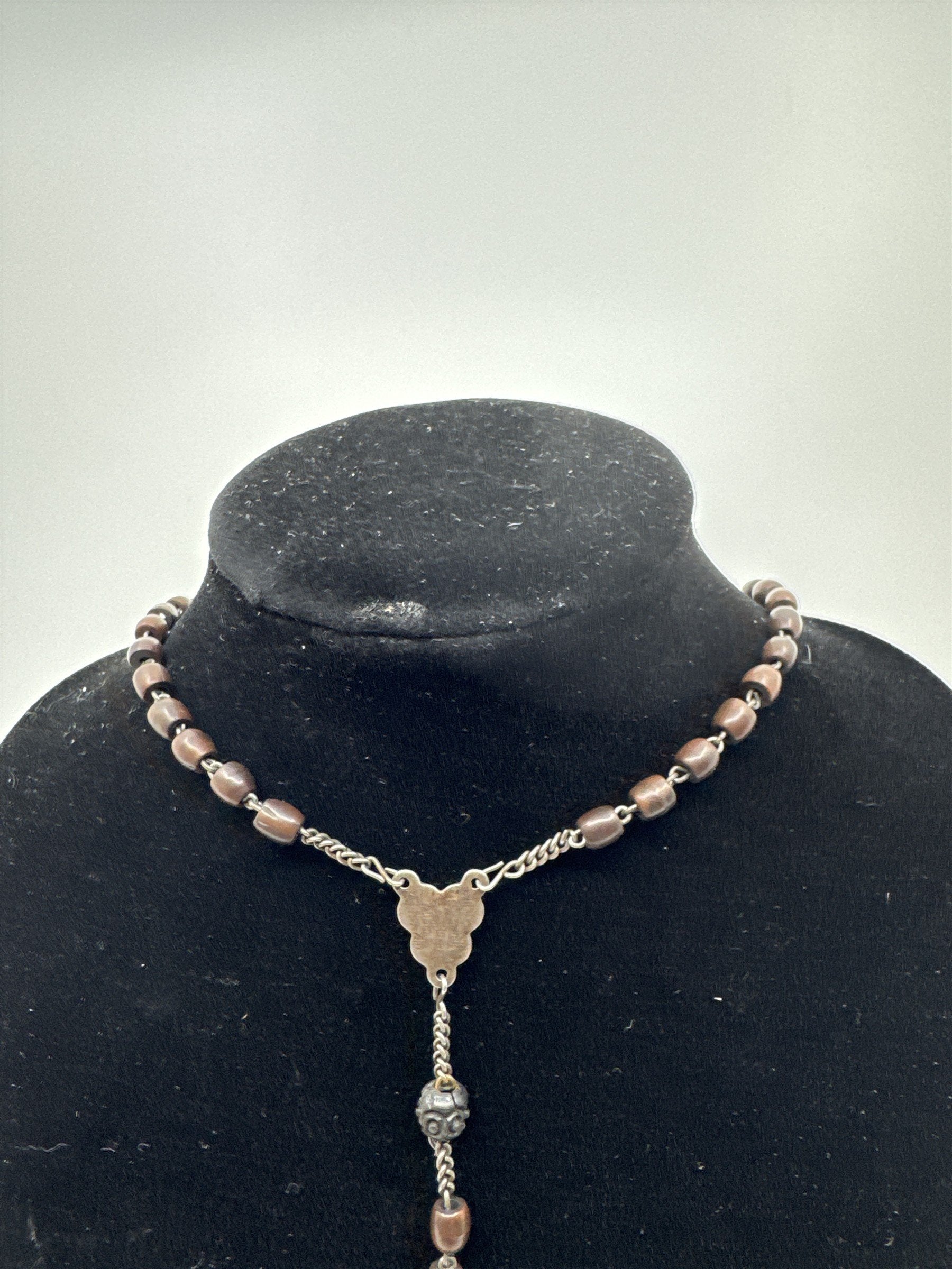 Vintage Brown Beaded Rosary and Cross Catholic Rosary Religious Cross Necklace