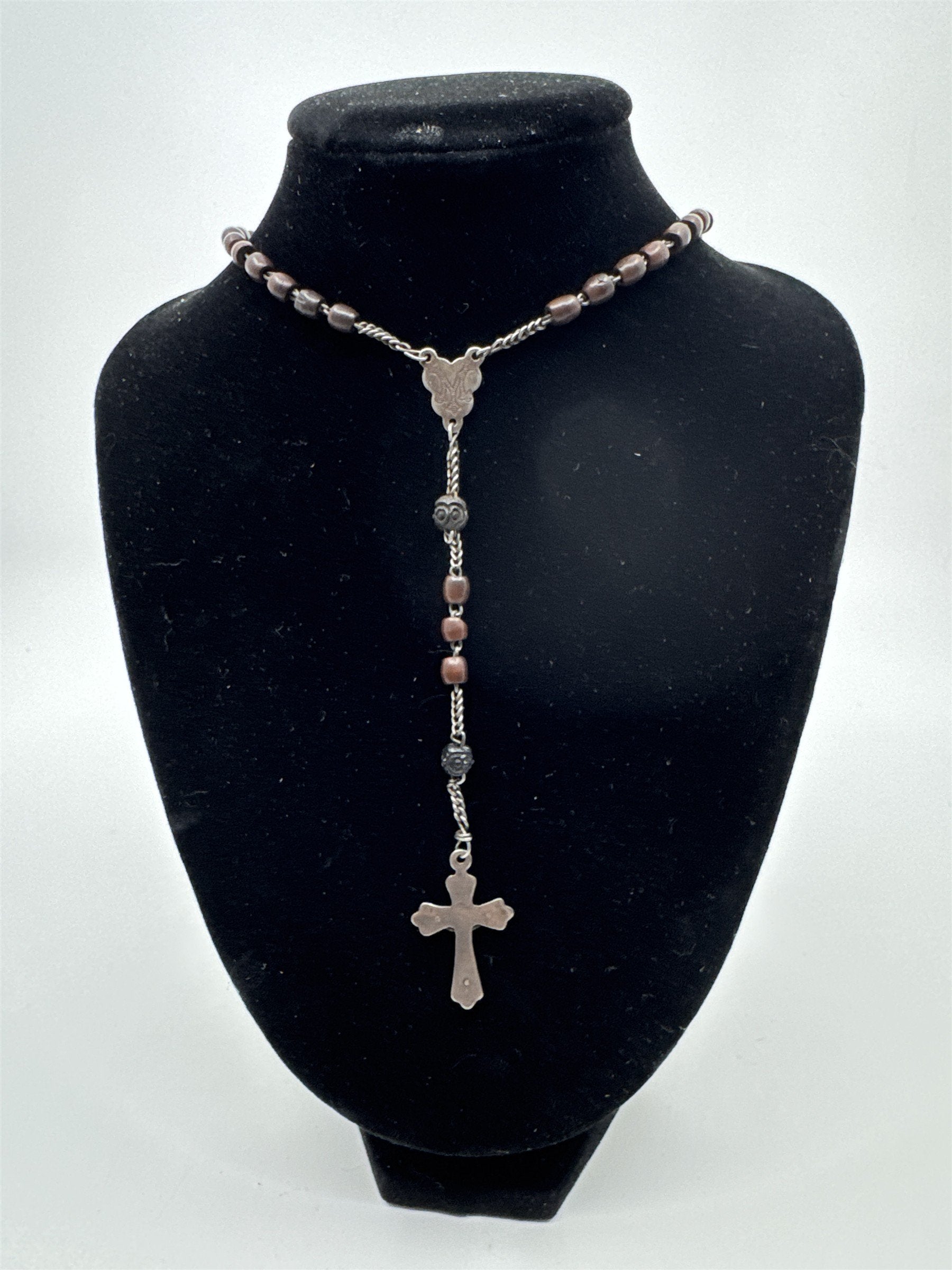 Vintage Brown Beaded Rosary and Cross Catholic Rosary Religious Cross Necklace