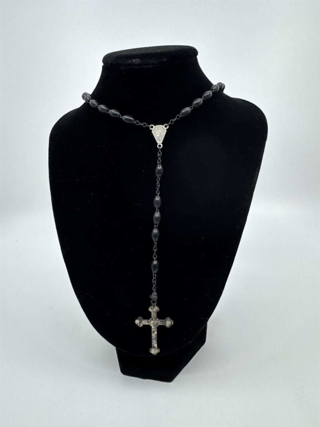 Vintage Black Beaded Rosary and Cross Catholic Rosary Religious Cross Necklace