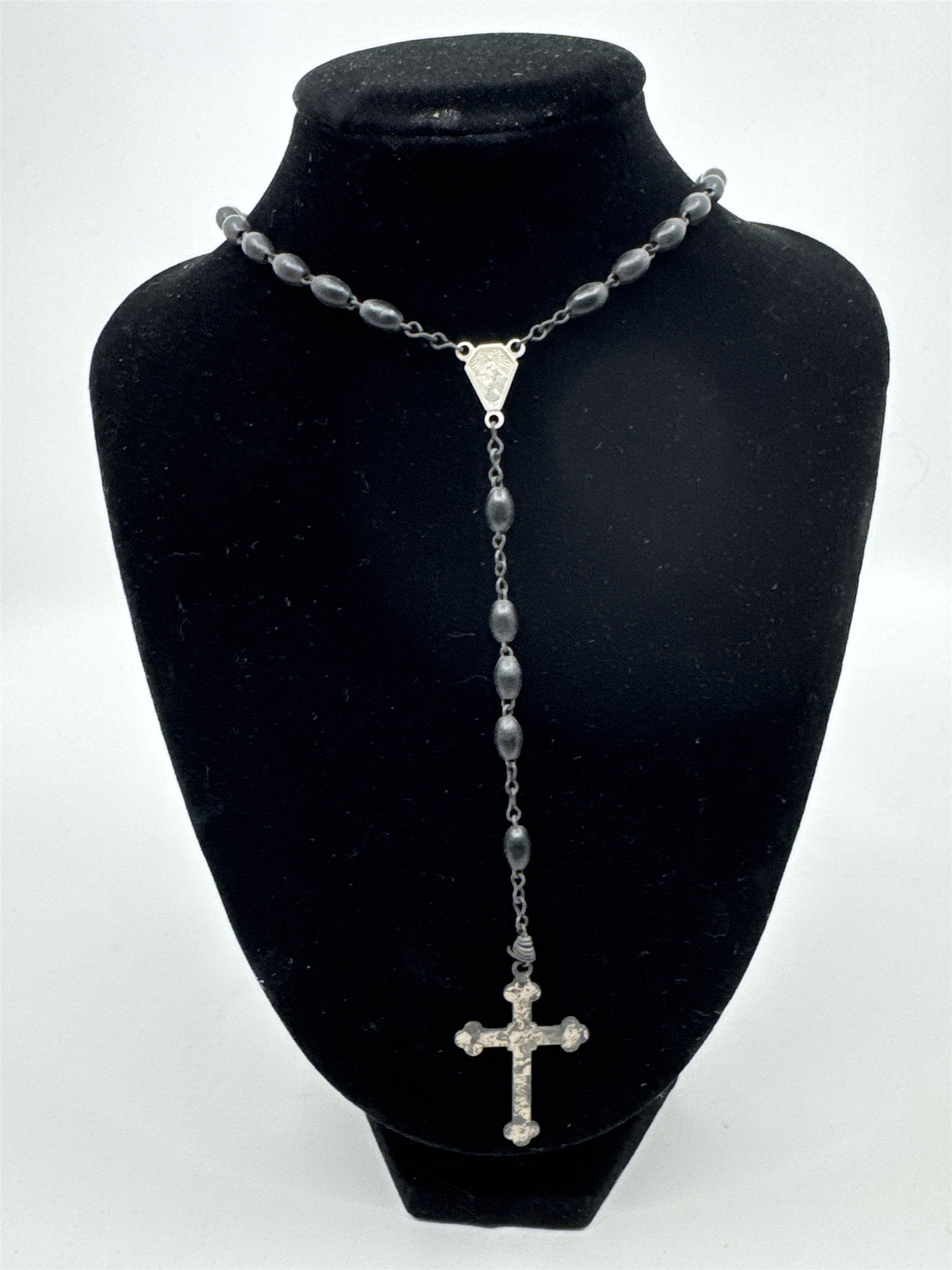 Vintage Black Beaded Rosary and Cross Catholic Rosary Religious Cross Necklace