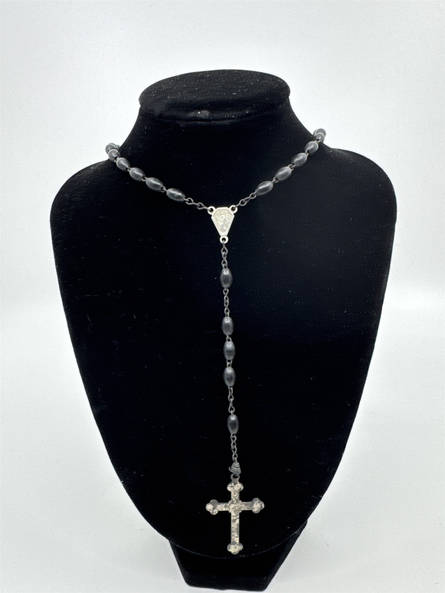 Vintage Black Beaded Rosary and Cross Catholic Rosary Religious Cross Necklace
