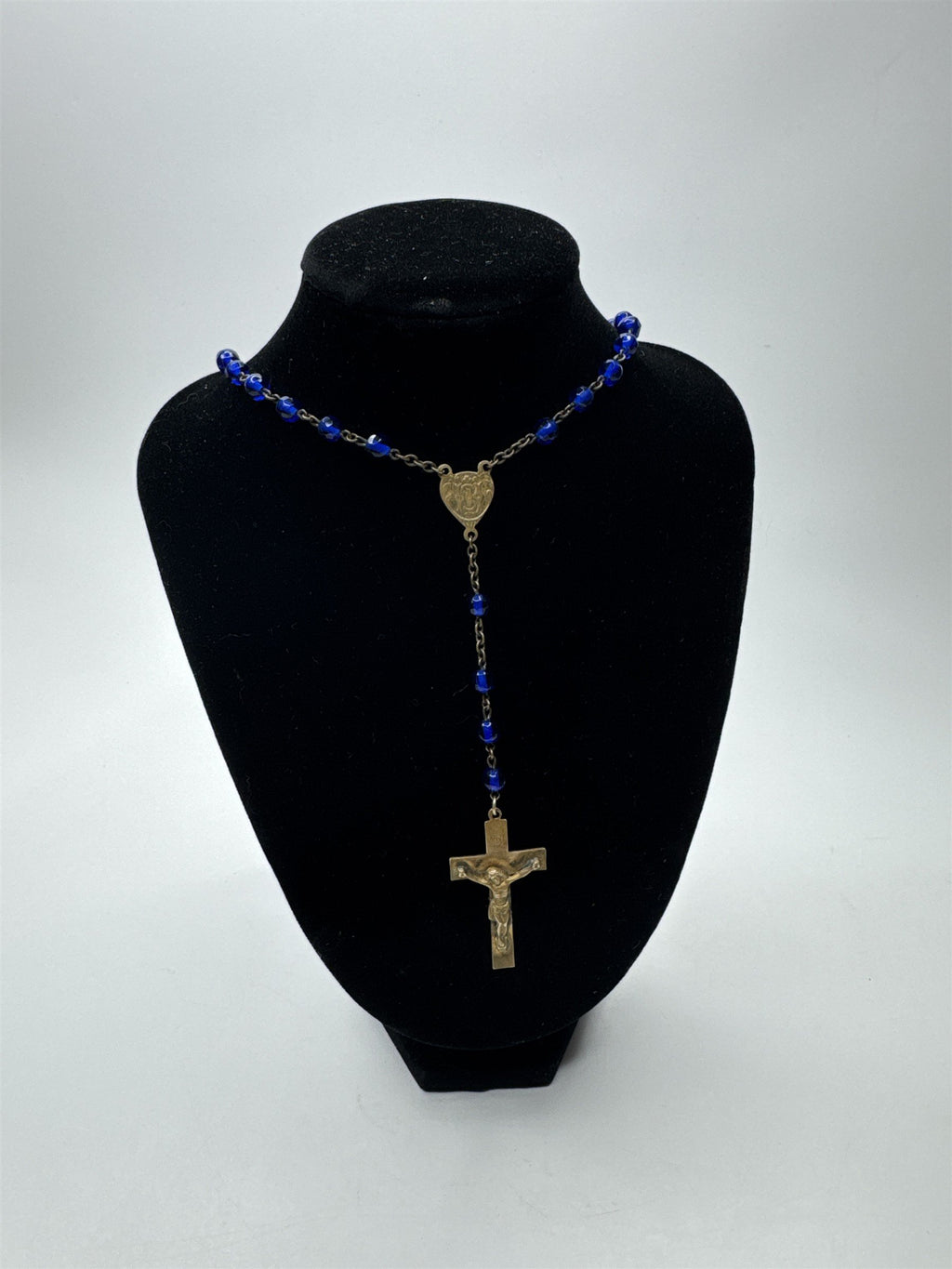 Vintage Blue Beaded Gold Toned INRI Rosary Catholic Rosary Bead Necklace