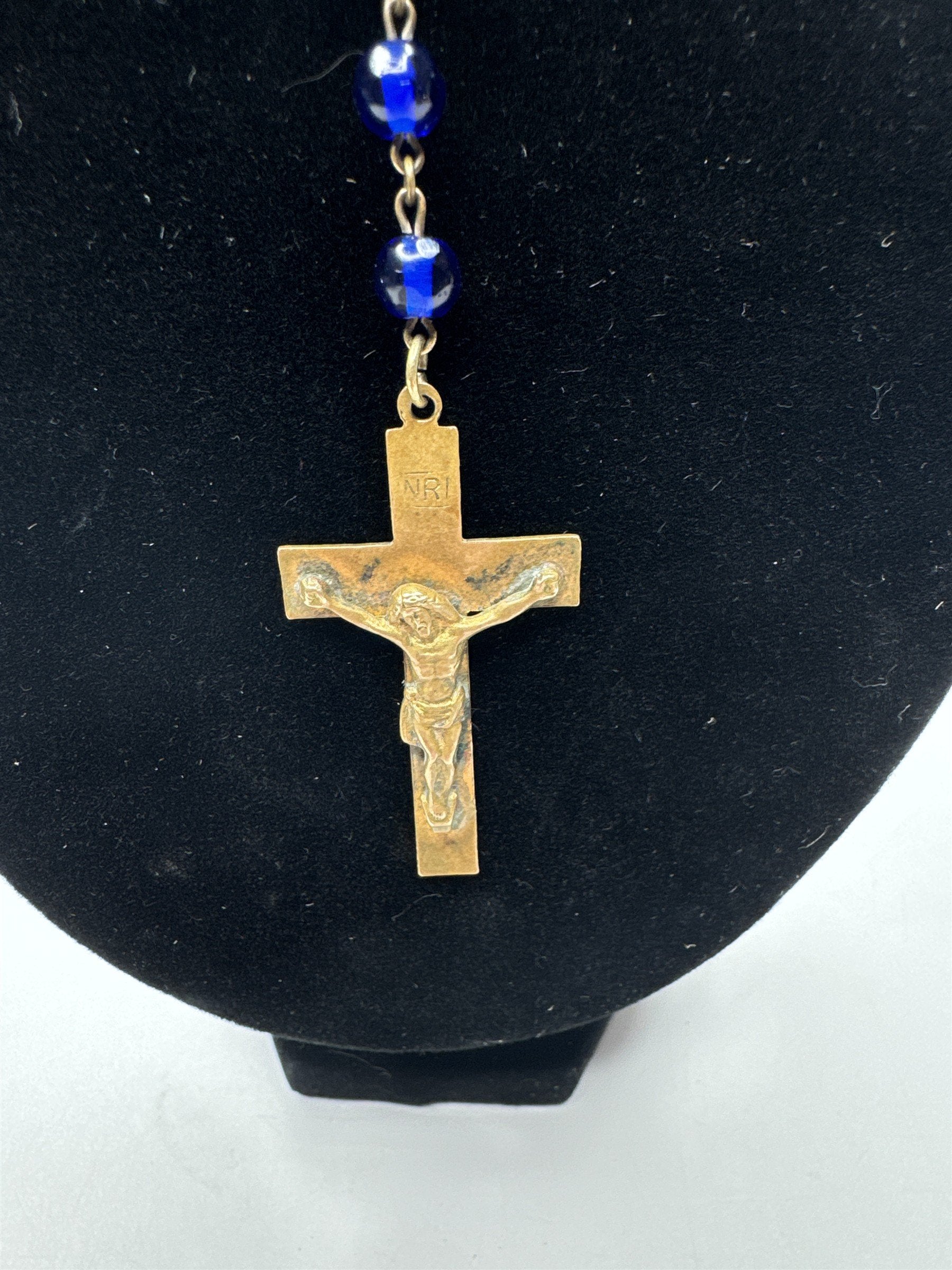 Vintage Blue Beaded Gold Toned INRI Rosary Catholic Rosary Bead Necklace