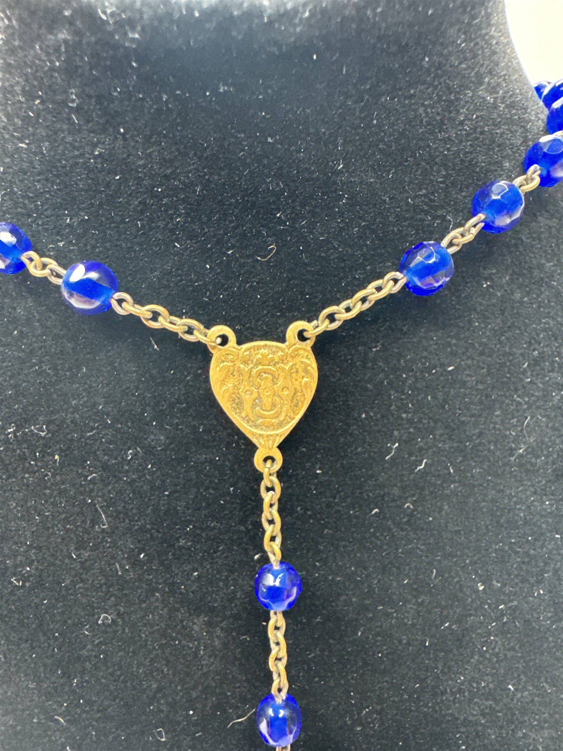 Vintage Blue Beaded Gold Toned INRI Rosary Catholic Rosary Bead Necklace