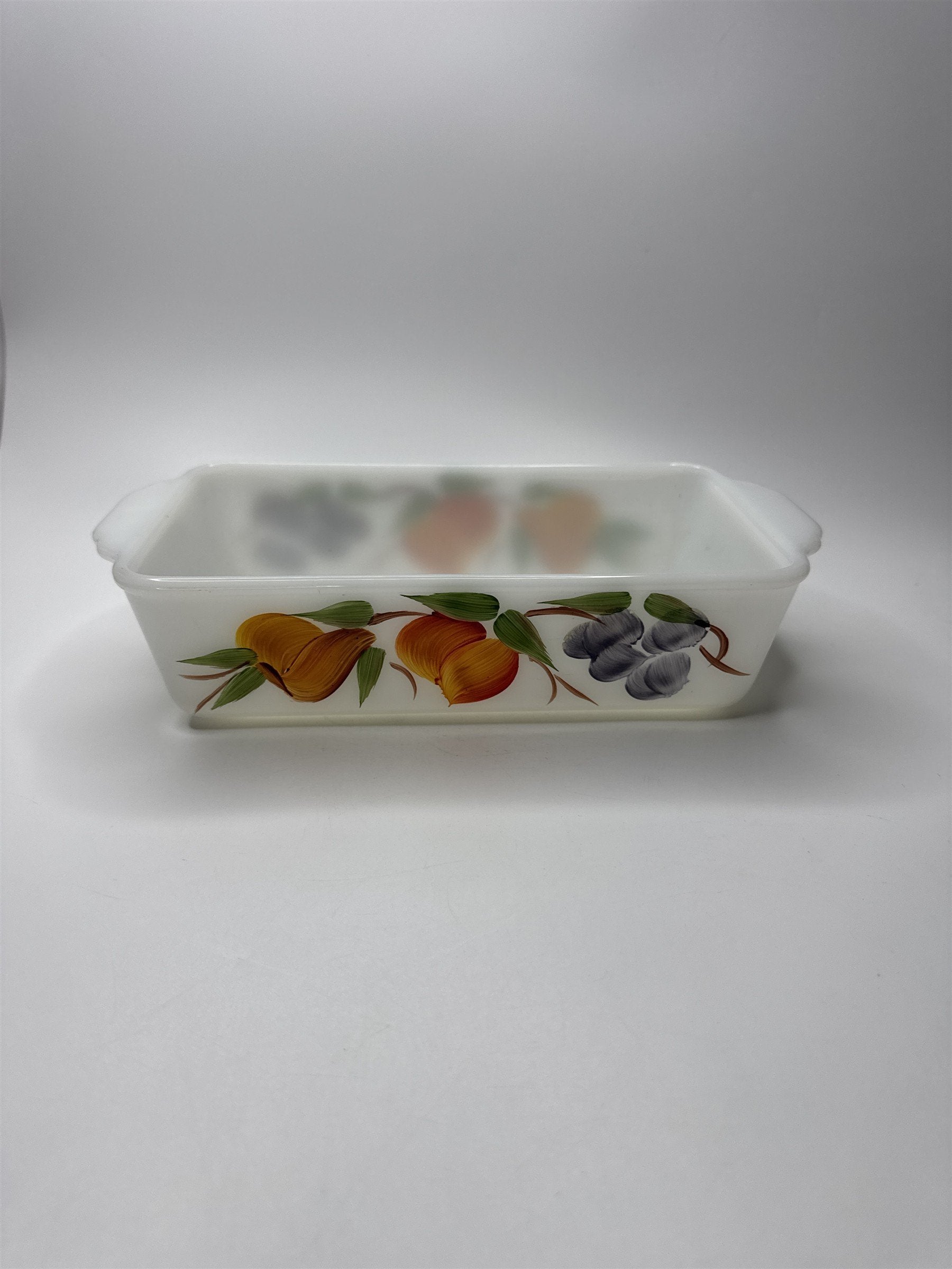 Anchor Hocking Fire King 9x5 1 Qt Loaf Pan Fruit Peaches Grapes #409 Milk Glass