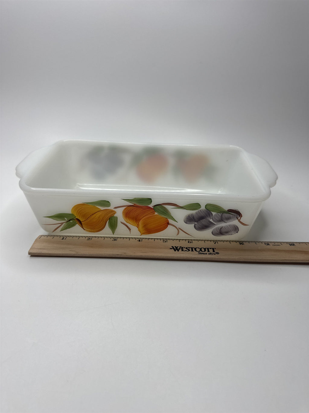 Anchor Hocking Fire King 9x5 1 Qt Loaf Pan Fruit Peaches Grapes #409 Milk Glass