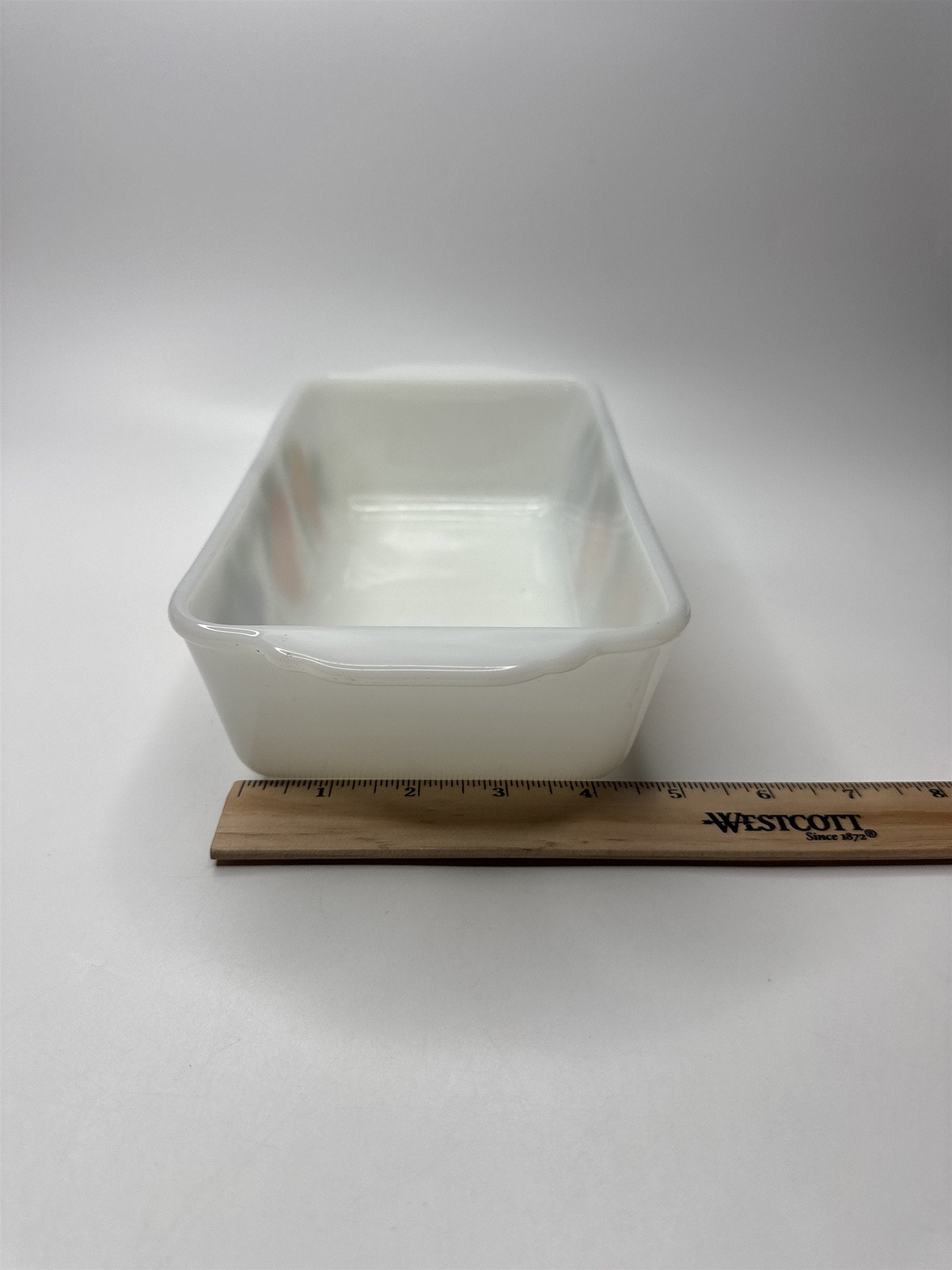 Anchor Hocking Fire King 9x5 1 Qt Loaf Pan Fruit Peaches Grapes #409 Milk Glass