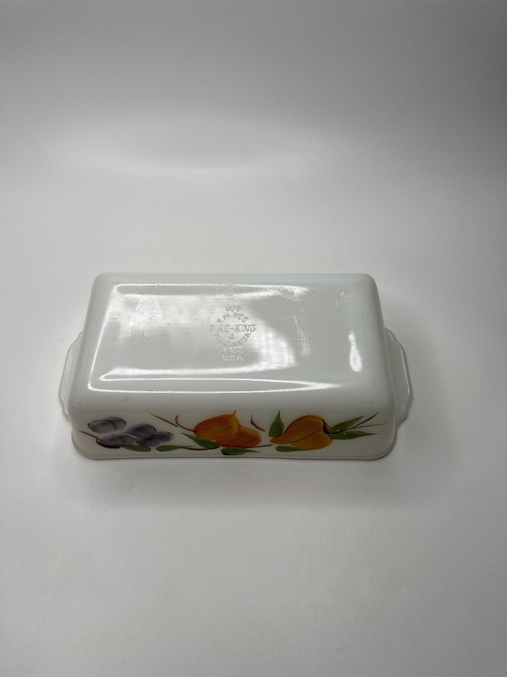 Anchor Hocking Fire King 9x5 1 Qt Loaf Pan Fruit Peaches Grapes #409 Milk Glass