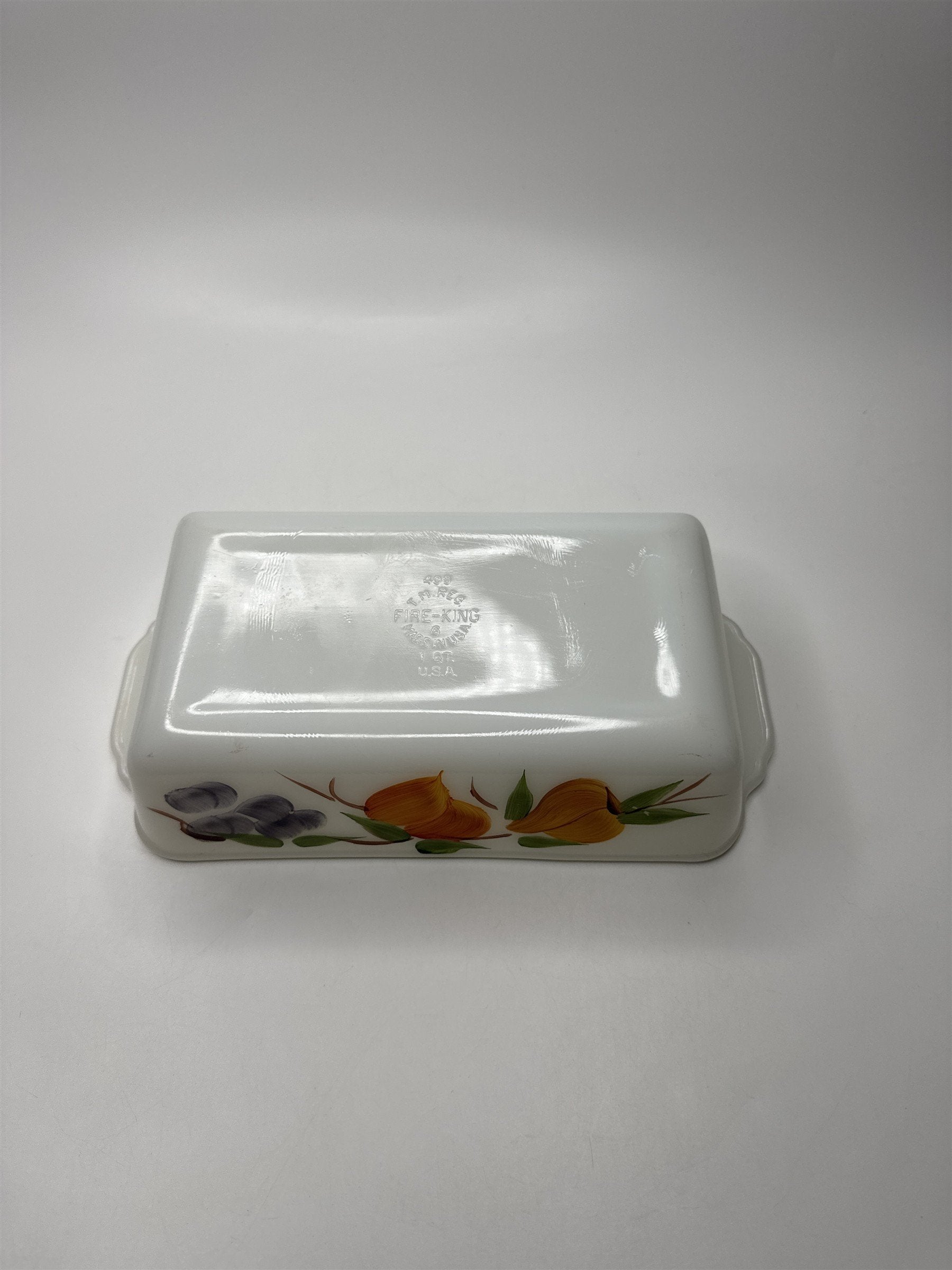 Anchor Hocking Fire King 9x5 1 Qt Loaf Pan Fruit Peaches Grapes #409 Milk Glass