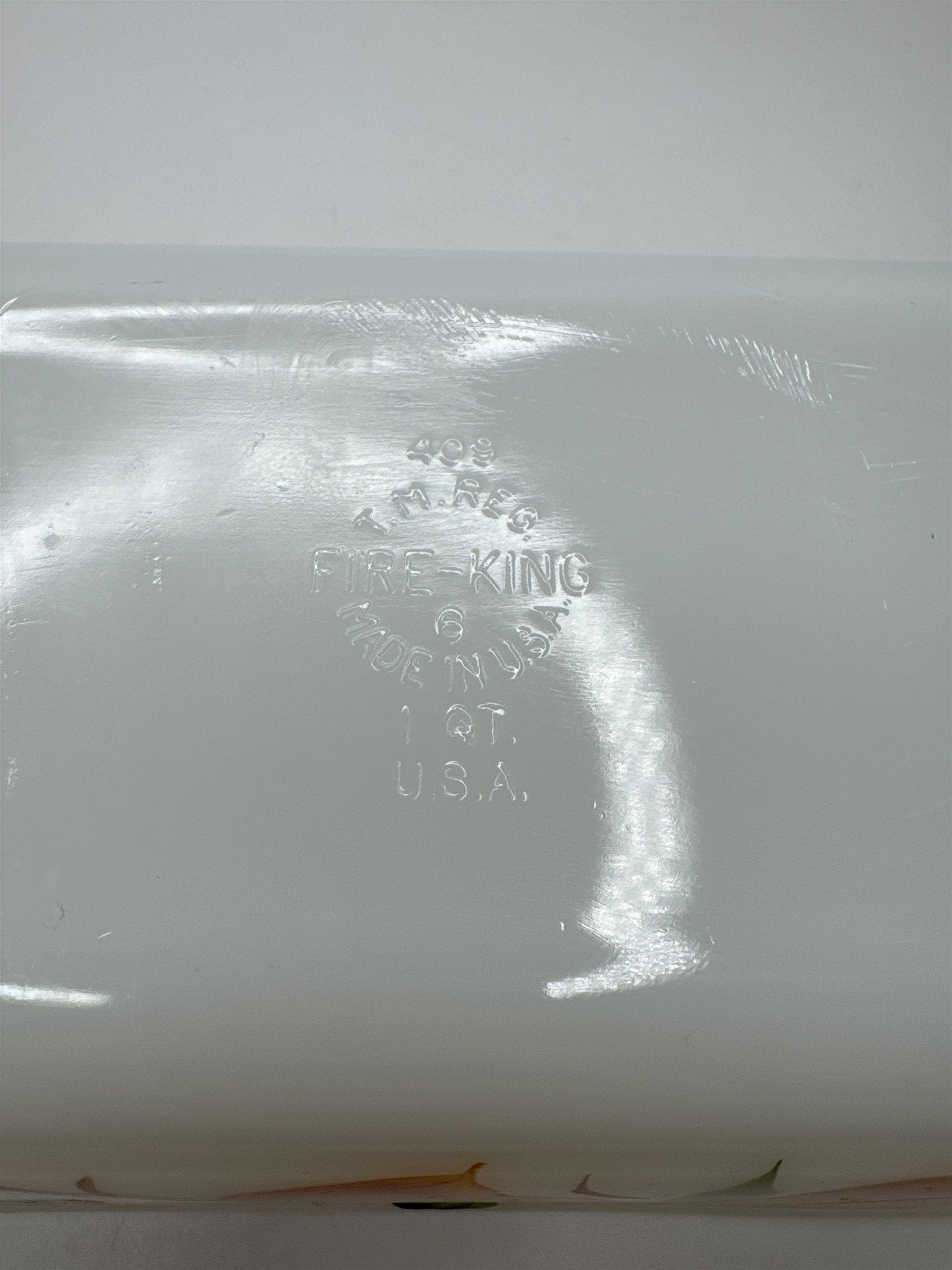 Anchor Hocking Fire King 9x5 1 Qt Loaf Pan Fruit Peaches Grapes #409 Milk Glass