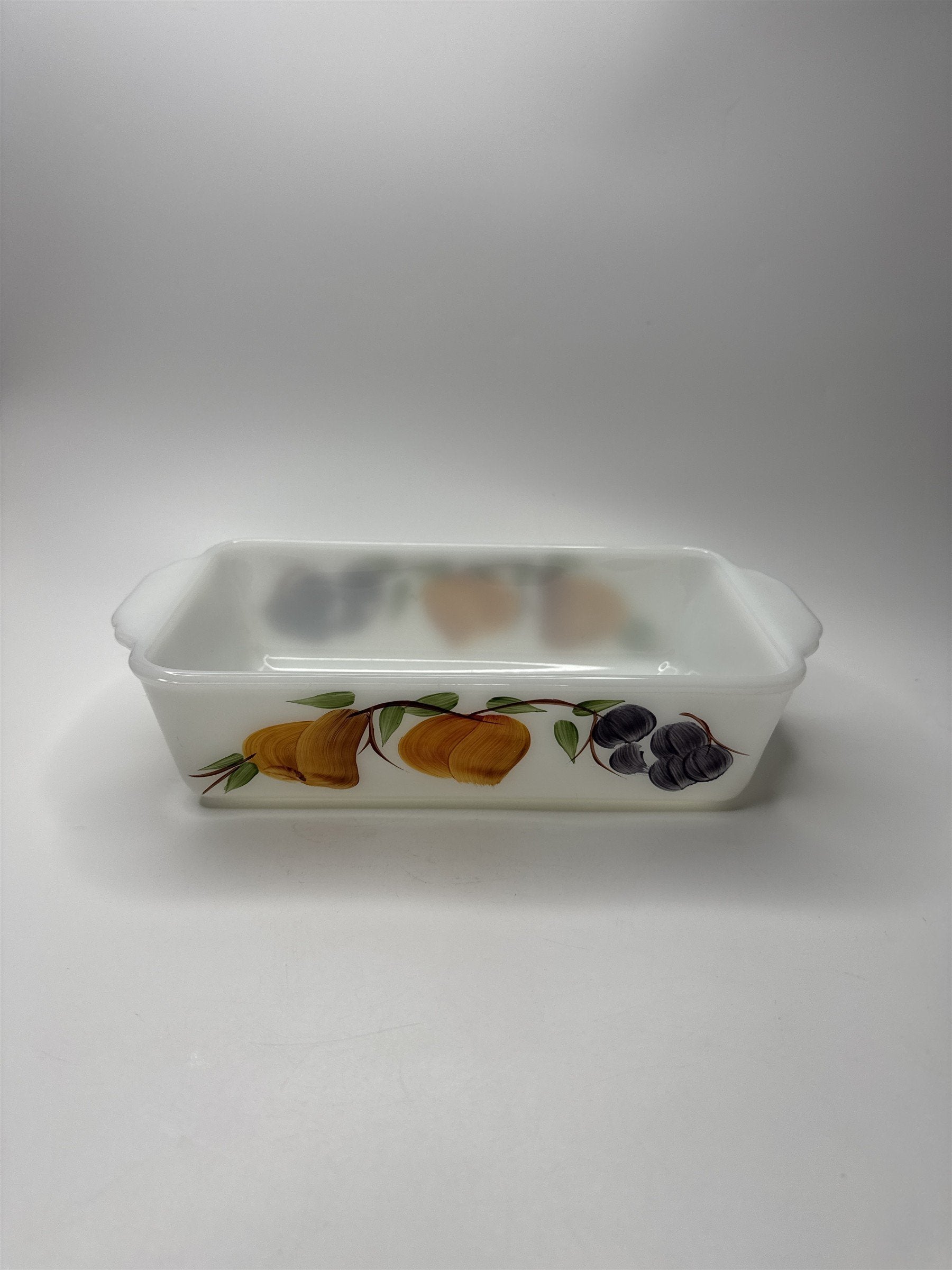 Anchor Hocking Fire King 9x5 1 Qt Loaf Pan Fruit Peaches Grapes #409 Milk Glass