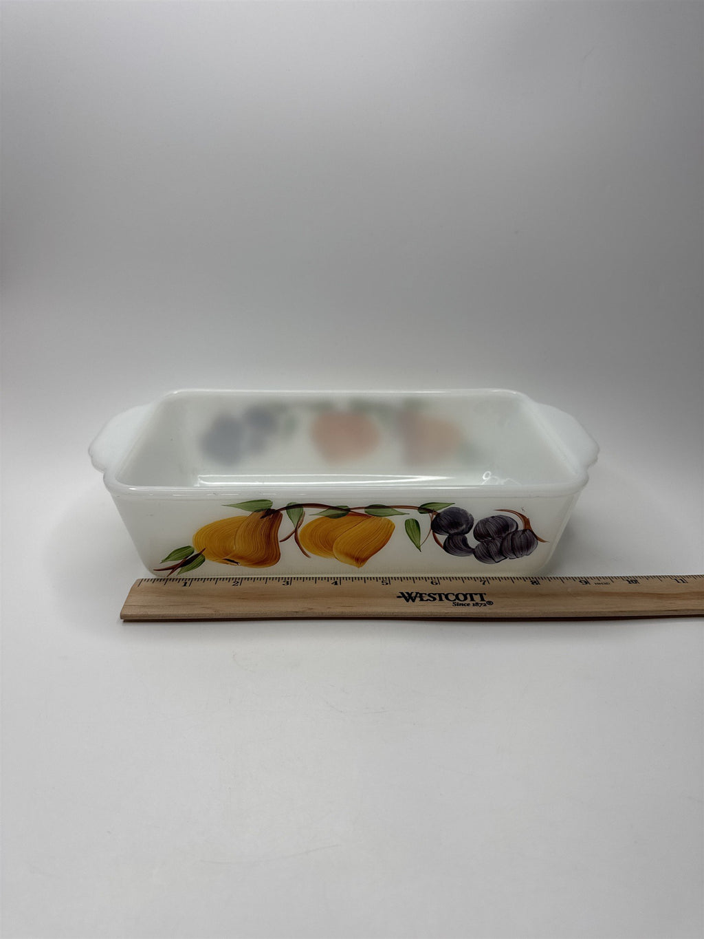 Anchor Hocking Fire King 9x5 1 Qt Loaf Pan Fruit Peaches Grapes #409 Milk Glass